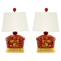 Red Lacquered Hand Decorated Chinoiserie Pair Lamp