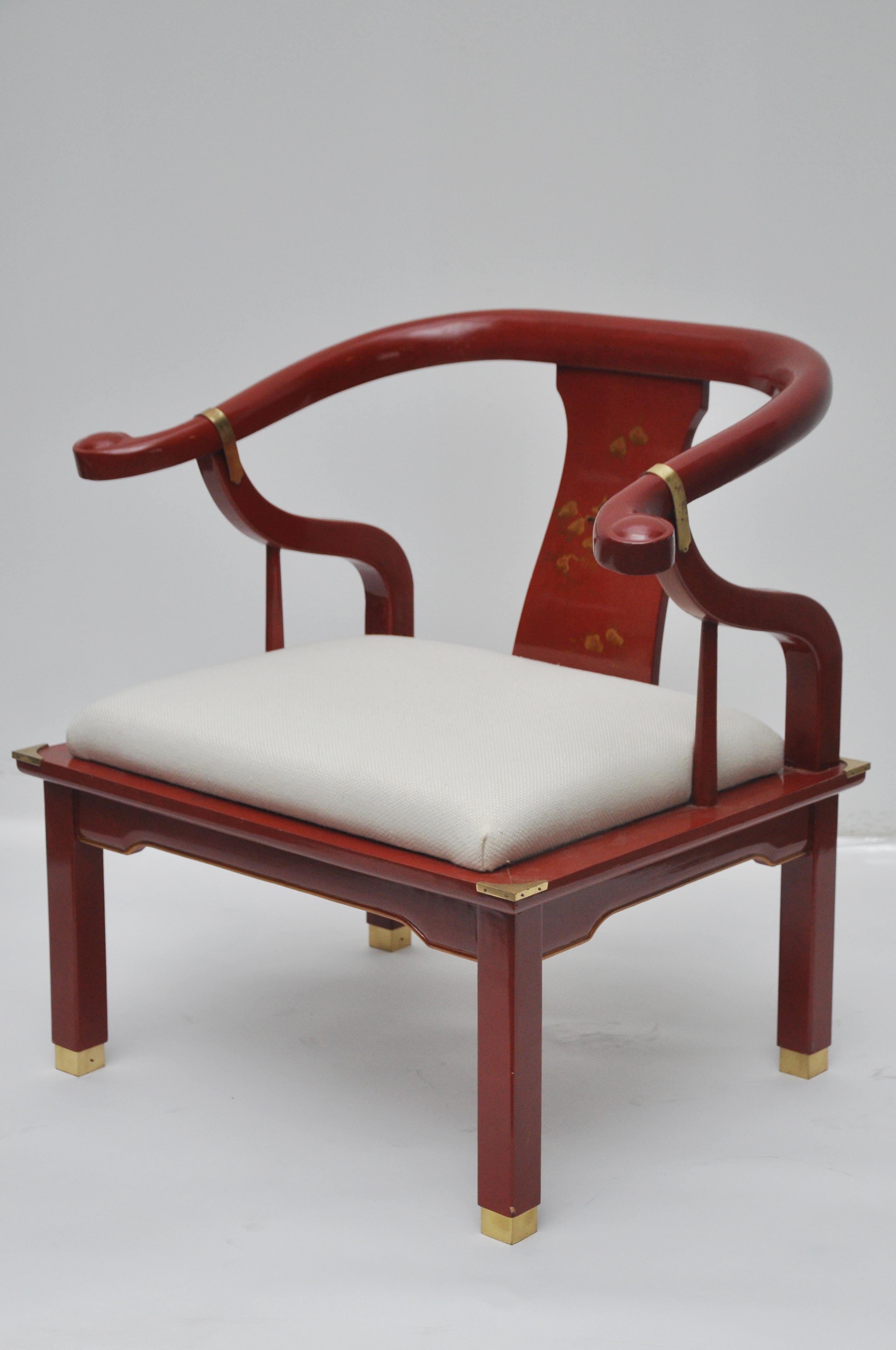 Chinoiserie Red Lacquered James Mont Style Horseshoe Chair For Sale