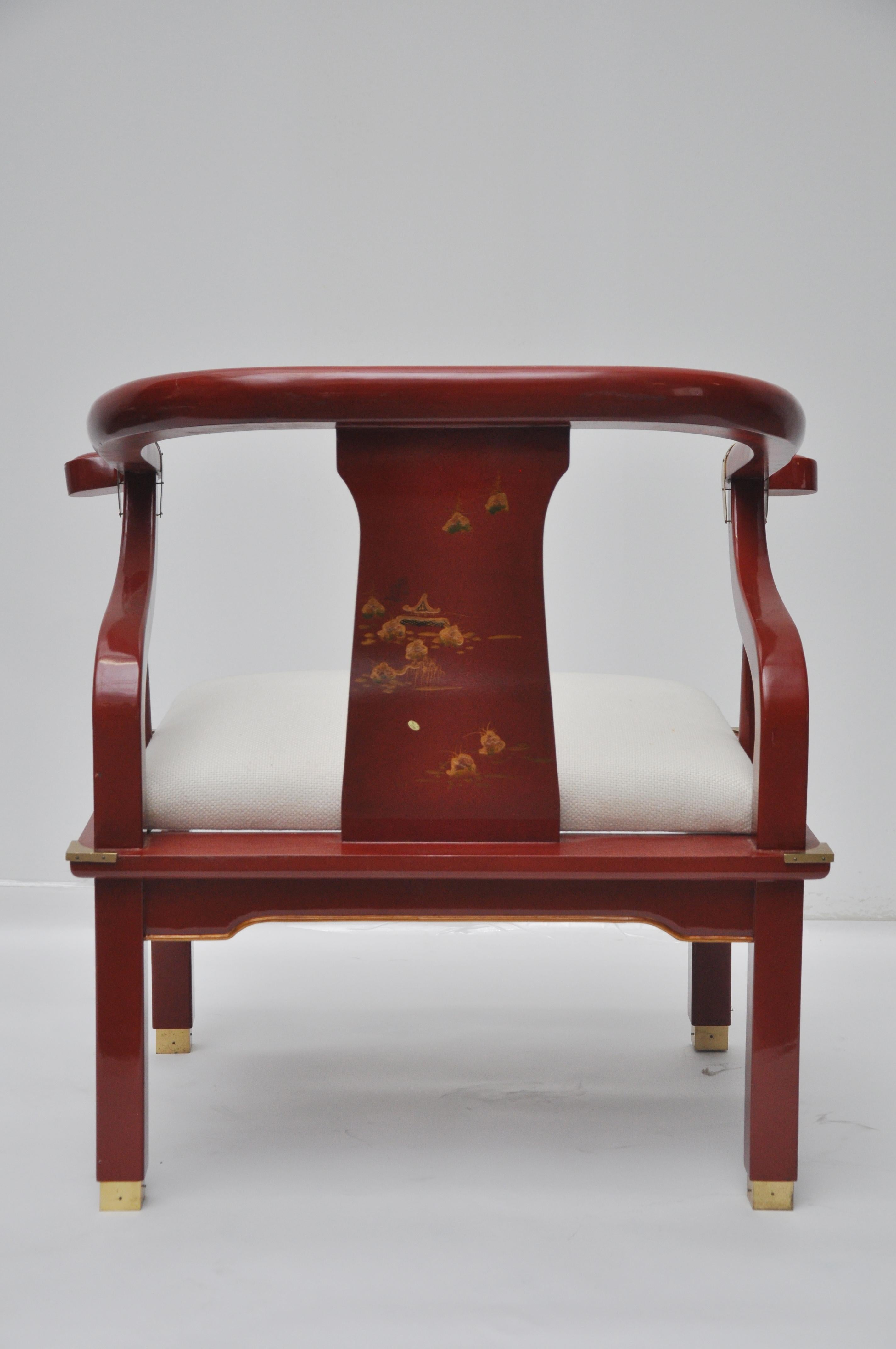 Mid-20th Century Red Lacquered James Mont Style Horseshoe Chair For Sale