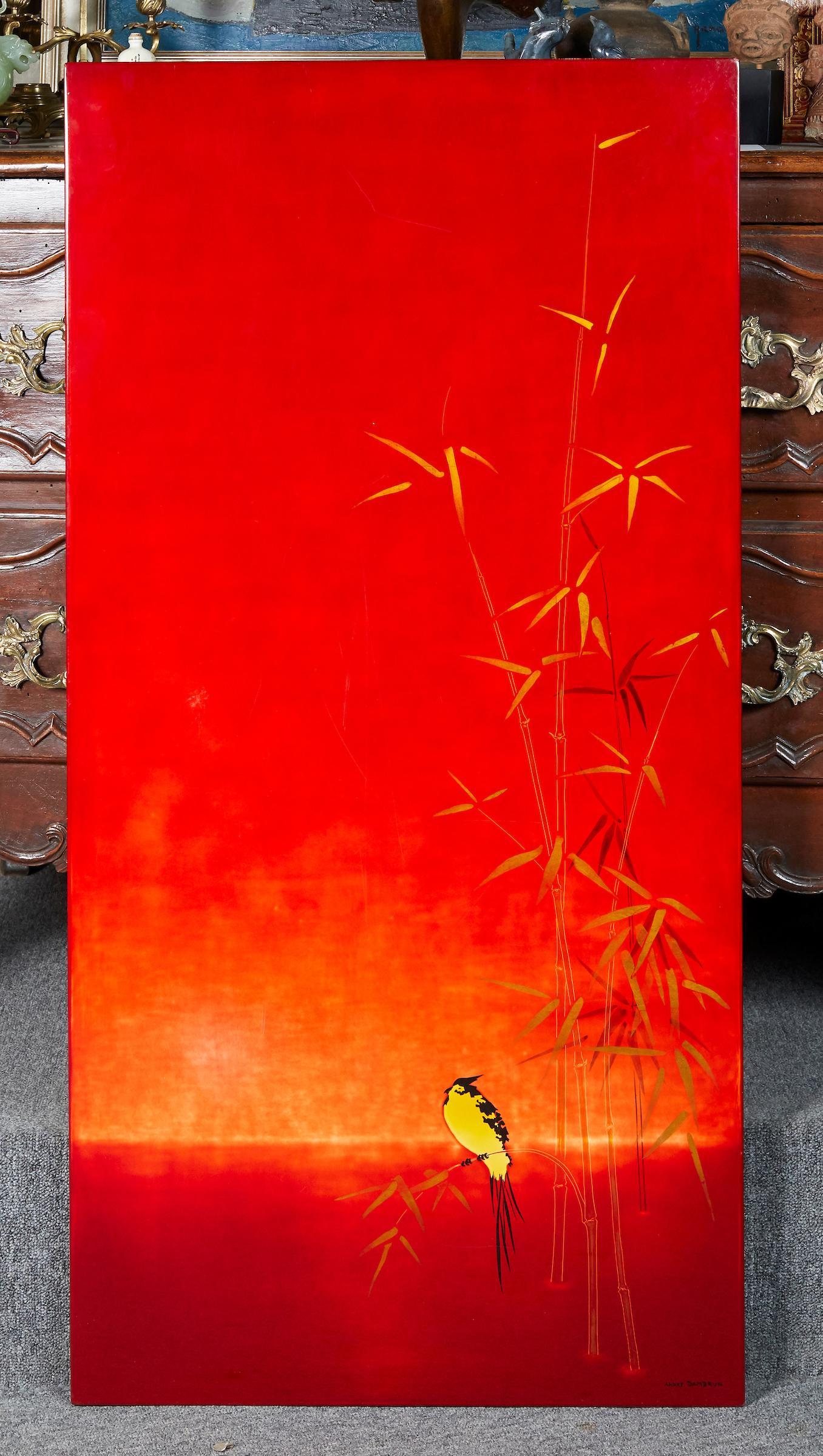 Polished red lacquered rectangular panel in the Japanesque style by Bernard Dunand.
Signed Andre Dambrun which was an acronym for Bernand Dunand.