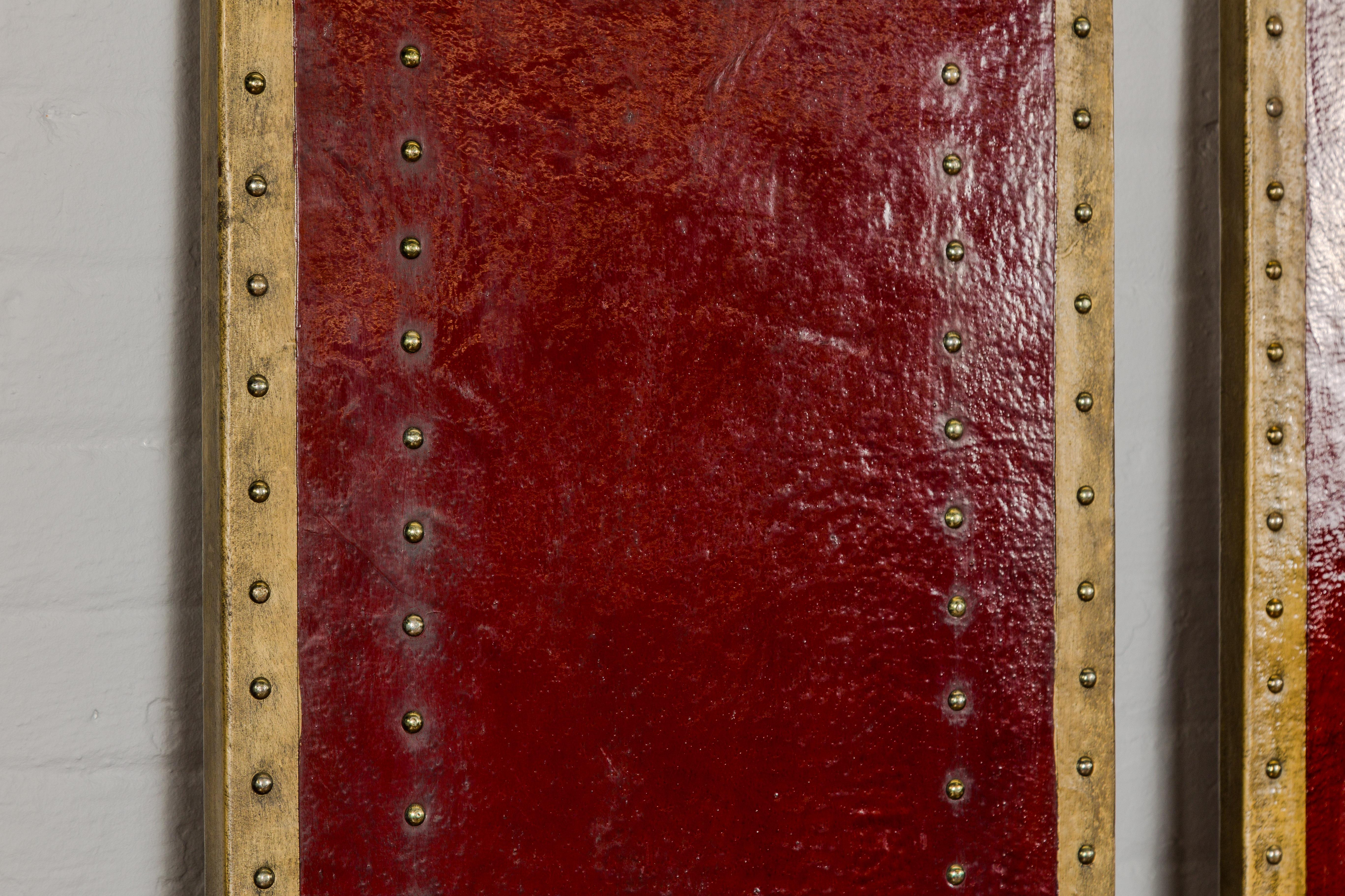 Red Lacquered Leather Four Panels with Brass Nailheads Accentuation, Vintage  For Sale 6