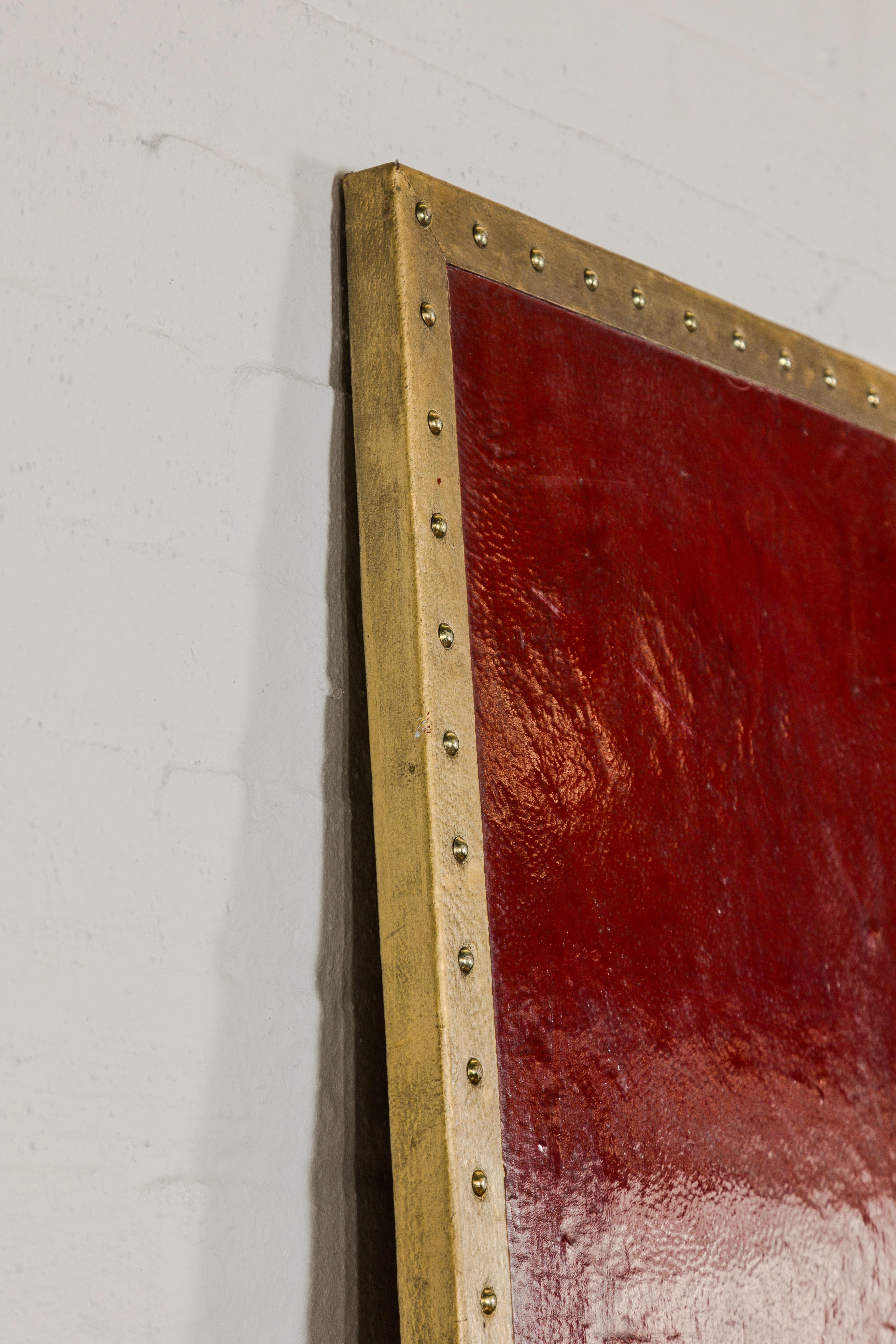 Red Lacquered Leather Four Panels with Brass Nailheads Accentuation, Vintage  For Sale 7