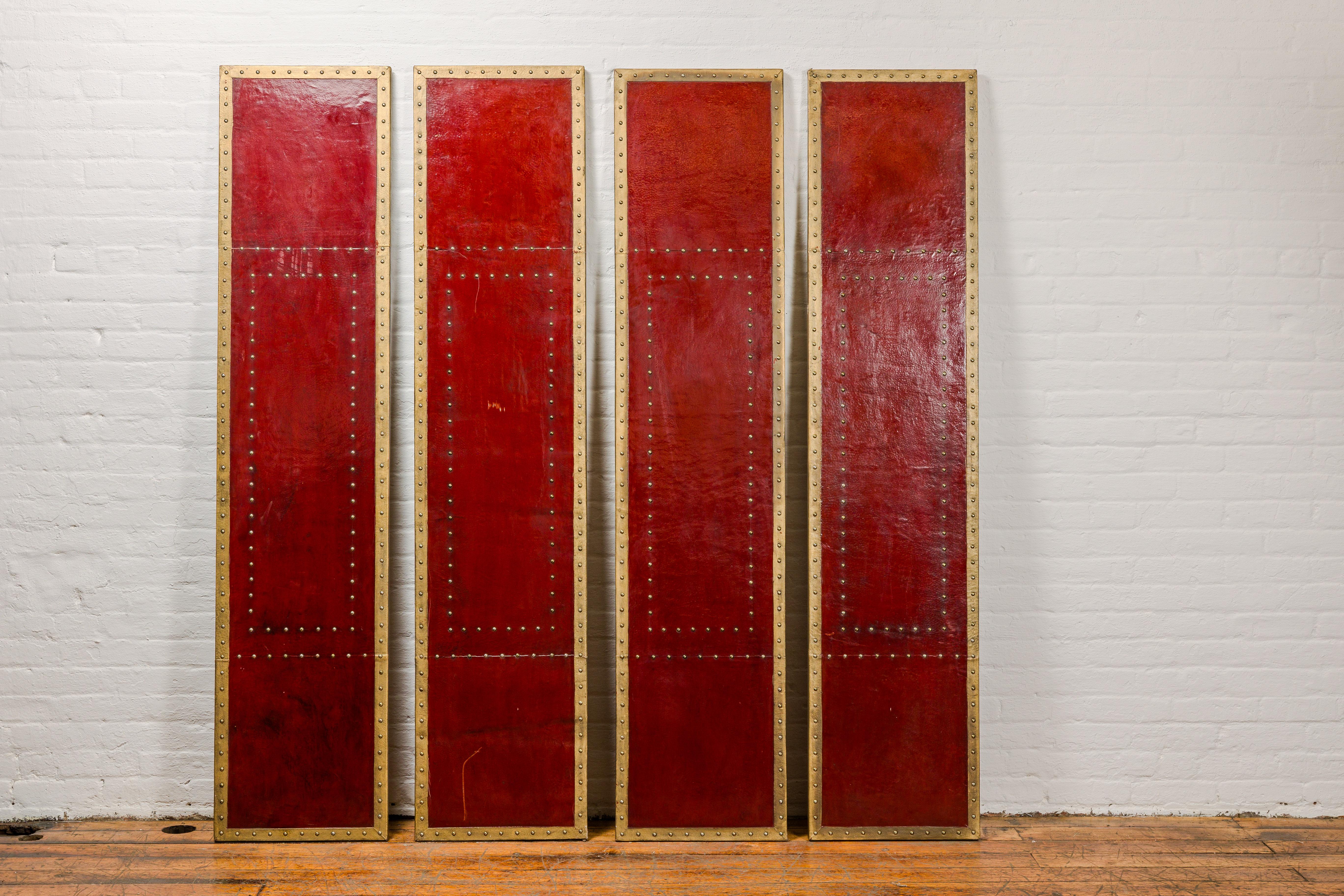 Red Lacquered Leather Four Panels with Brass Nailheads Accentuation, Vintage  For Sale 8