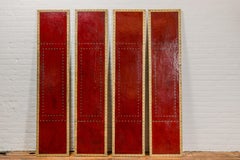 Red Lacquered Leather Four Panels with Brass Nailheads Accentuation, Vintage