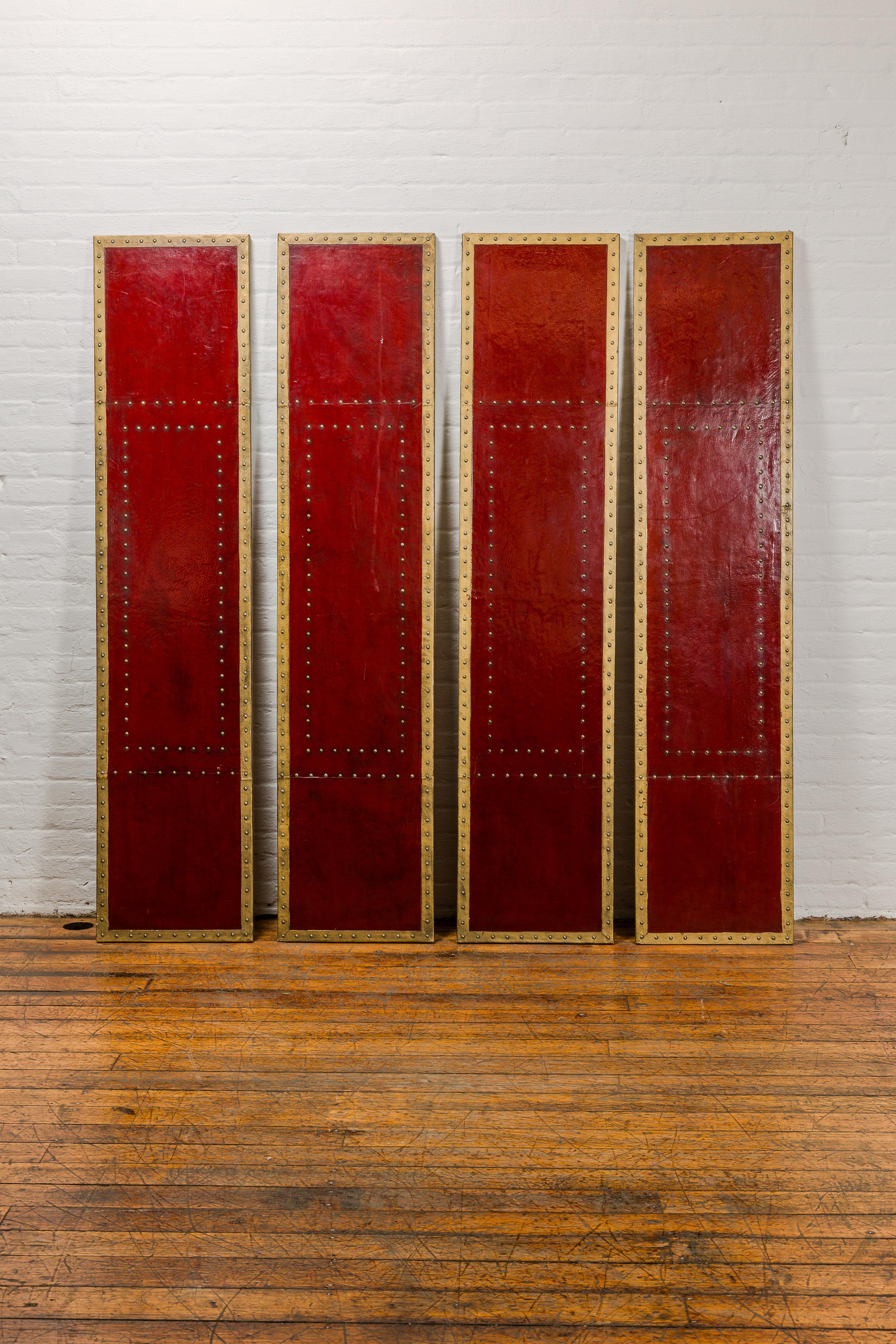 Chinese Red Lacquered Leather Four Panels with Brass Nailheads Accentuation, Vintage  For Sale
