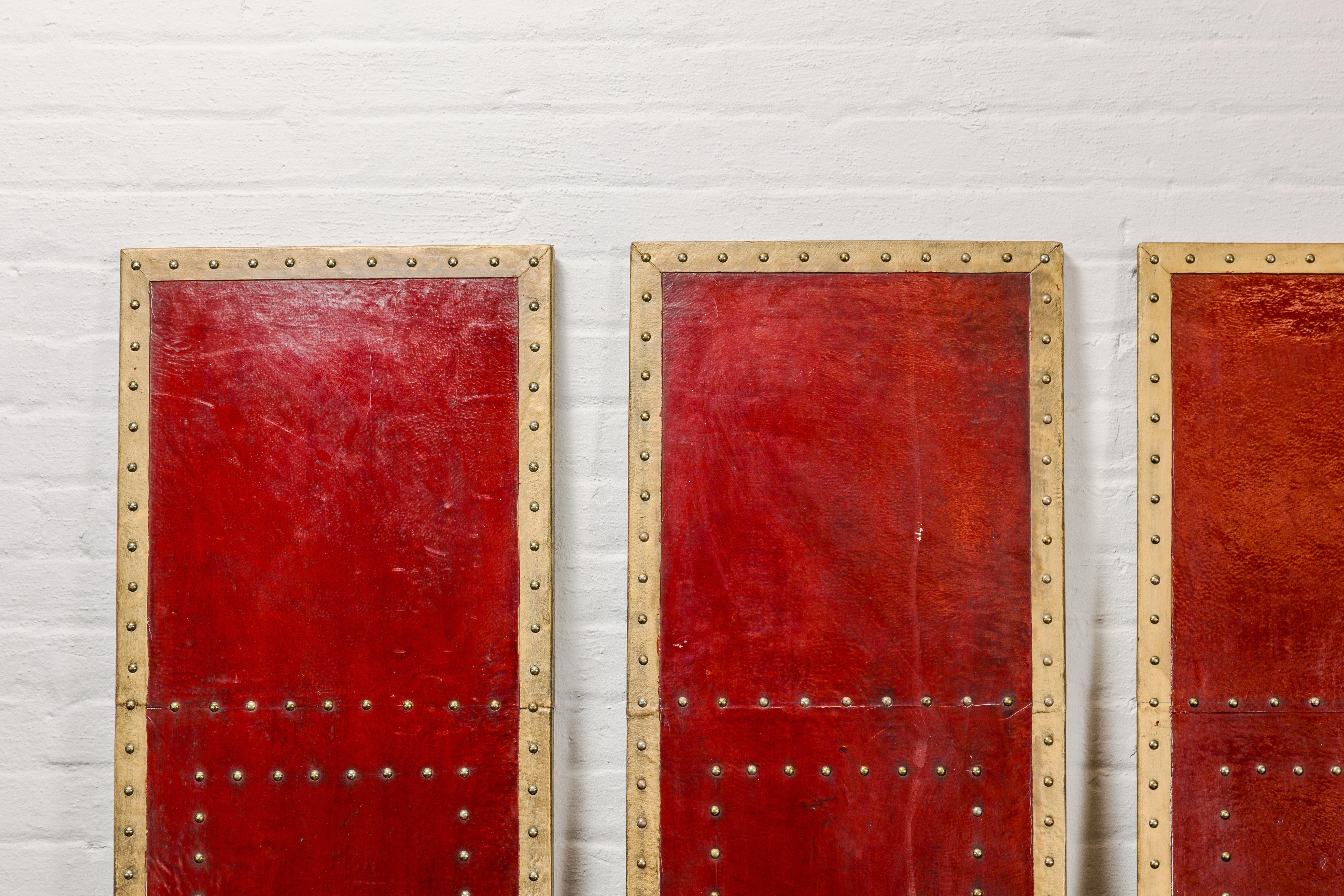 Red Lacquered Leather Four Panels with Brass Nailheads Accentuation, Vintage  In Good Condition For Sale In Yonkers, NY