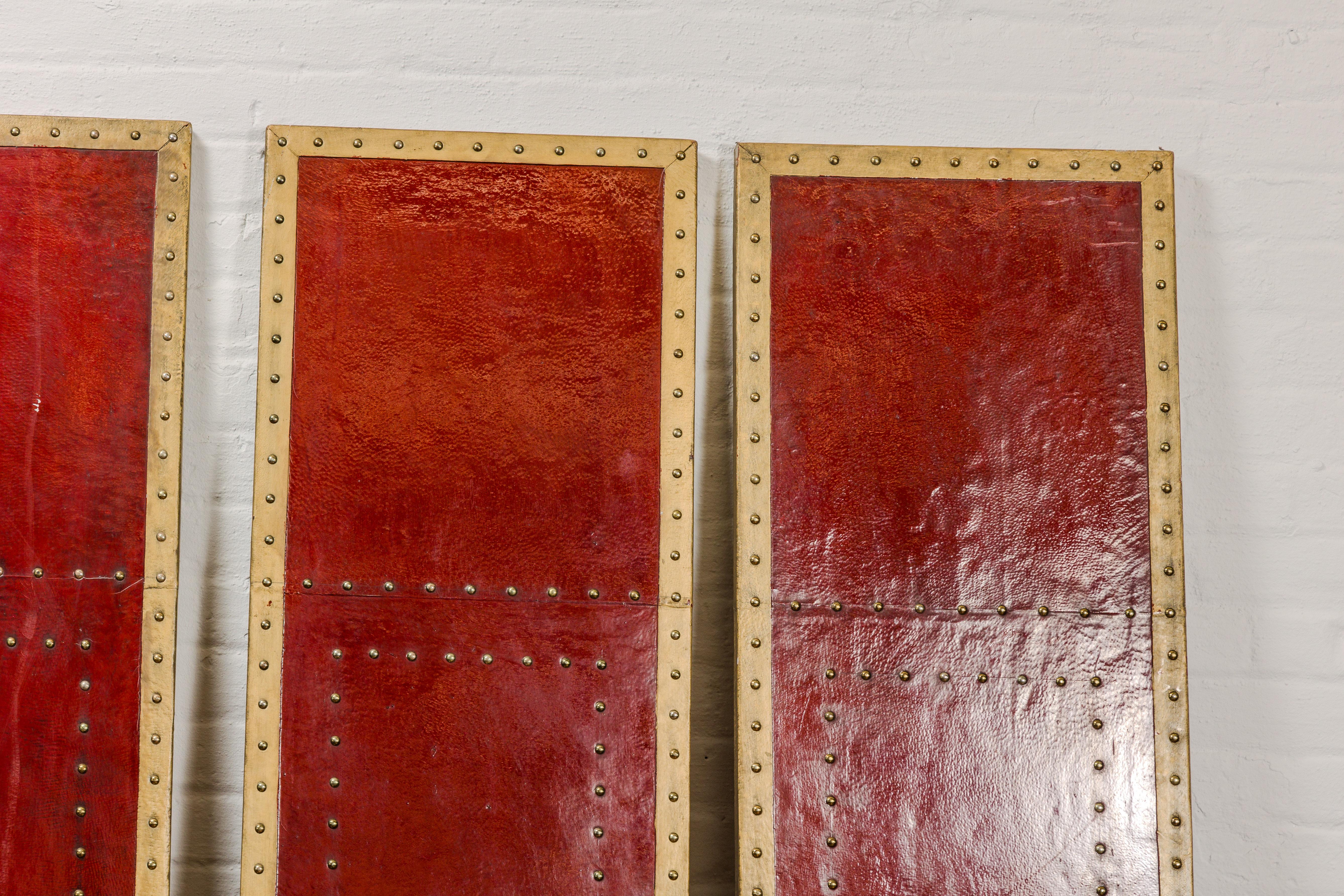20th Century Red Lacquered Leather Four Panels with Brass Nailheads Accentuation, Vintage  For Sale