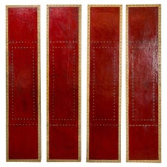 Red Lacquered Leather Four Panels with Brass Nailheads Accentuation, Vintage 