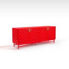 Red Lacquered Luxury Sideboard with Modern Lotus Pattern and Brass Lotus Handle