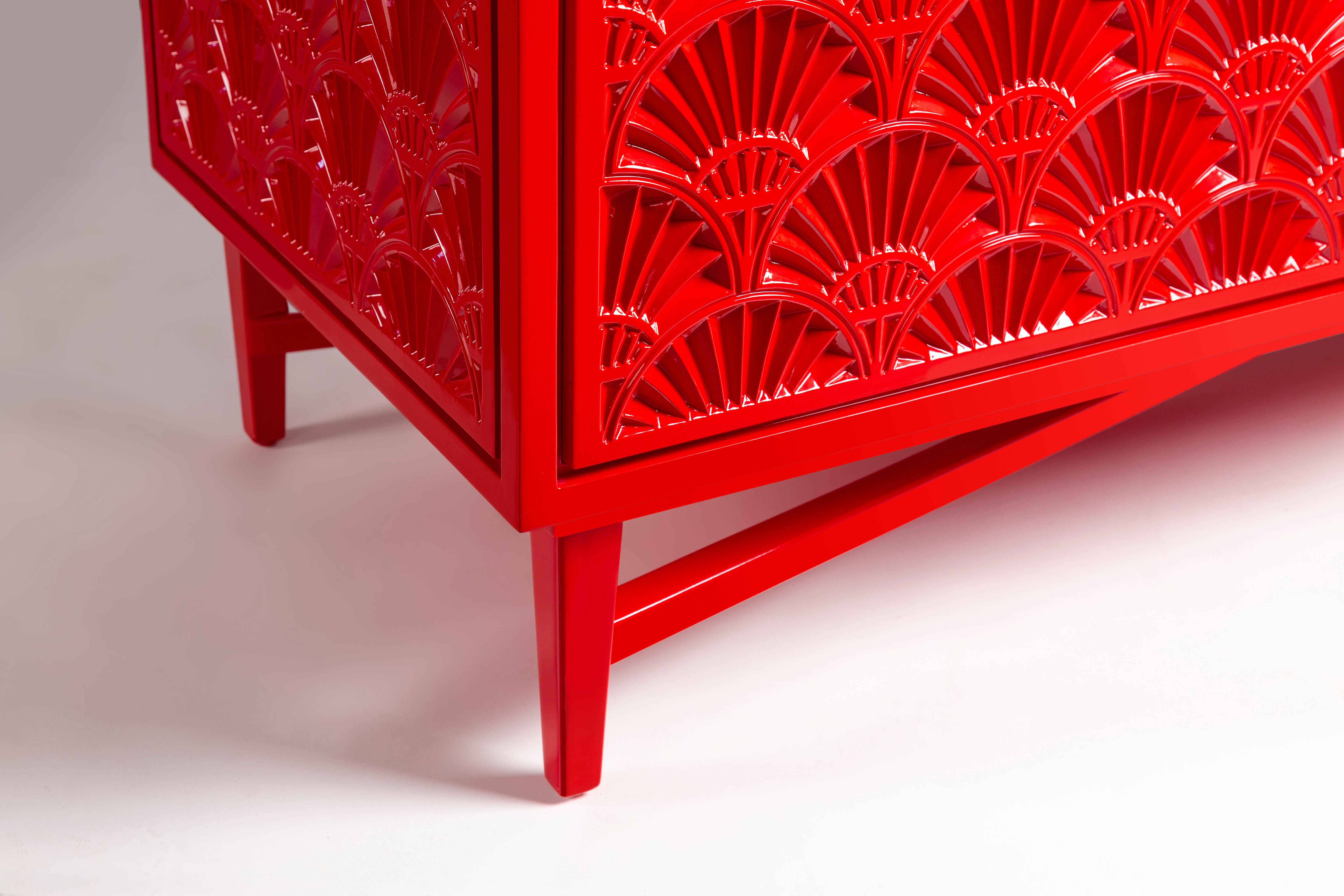 Red Lacquered Luxury Sideboard with Modern Lotus Pattern and Brass Lotus Handle In New Condition For Sale In Cairo, EG