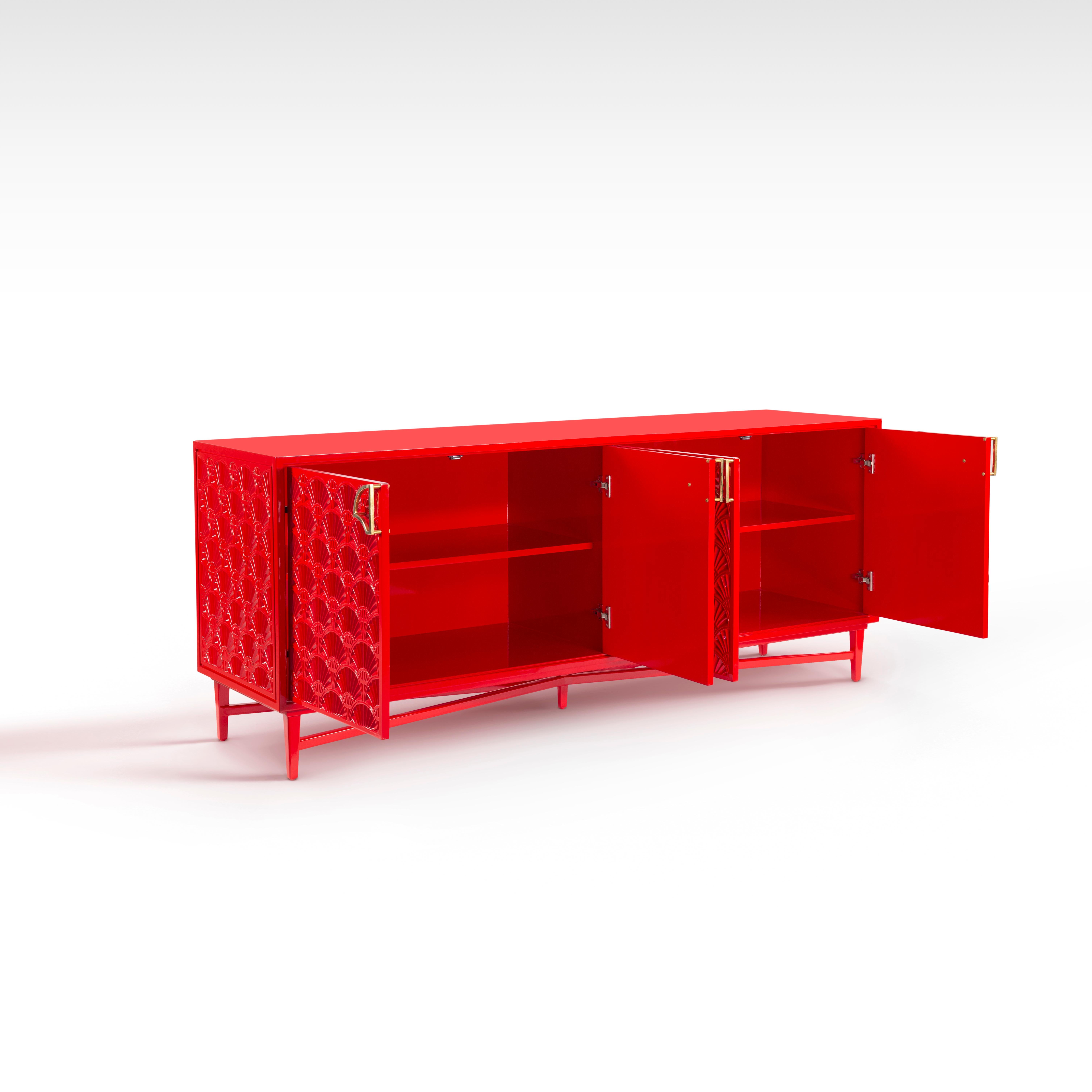 Contemporary Red Lacquered Luxury Sideboard with Modern Lotus Pattern and Brass Lotus Handle For Sale