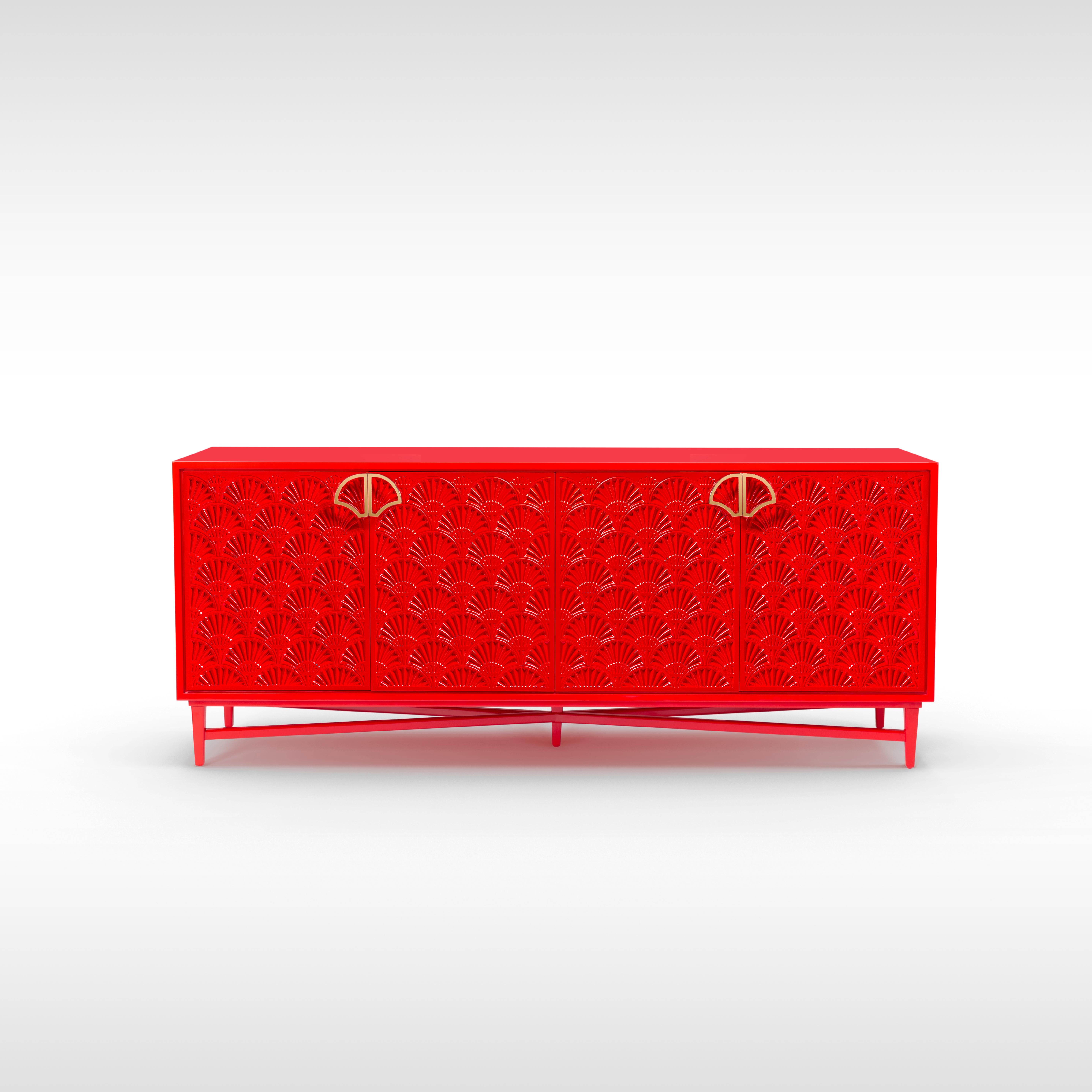 Red Lacquered Luxury Sideboard with Modern Lotus Pattern and Brass Lotus Handle For Sale 1