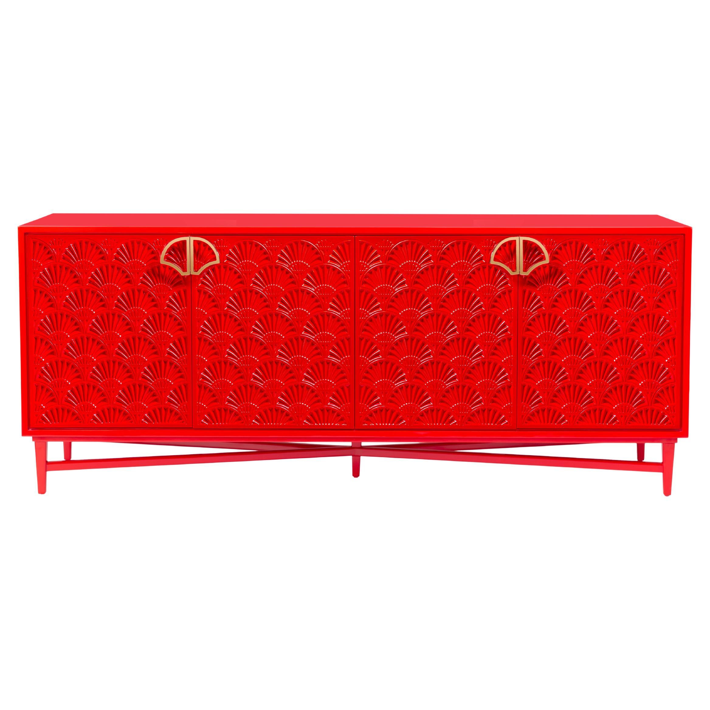 Red Lacquered Luxury Sideboard with Modern Lotus Pattern and Brass Lotus Handle For Sale