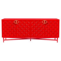 Red Lacquered Luxury Sideboard with Modern Lotus Pattern and Brass Lotus Handle