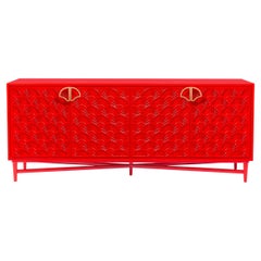 Enfilade de luxe laqué rouge avec motif de lotus moderne et poignée lotus en laiton