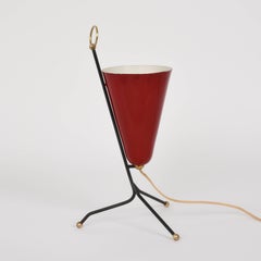 Red Lacquered Metal and Brass Conical Italian Table Lamp with Tripod, 1950s