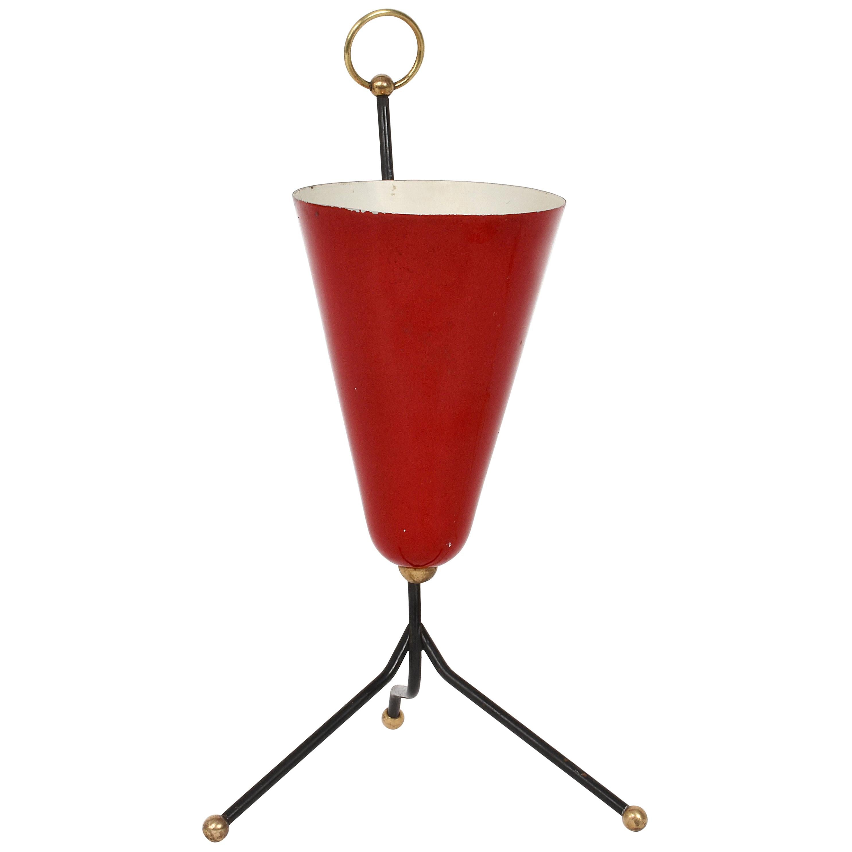 Red Lacquered Metal and Brass Conical Italian Table Lamp with Tripod, 1950s