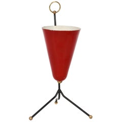 Red Lacquered Metal and Brass Conical Italian Table Lamp with Tripod, 1950s