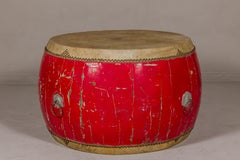 Red Lacquered Opera Drum End Table with Hide Top and Brass Studs