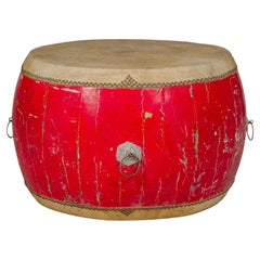 Red Lacquered Opera Drum End Table with Hide Top and Brass Studs