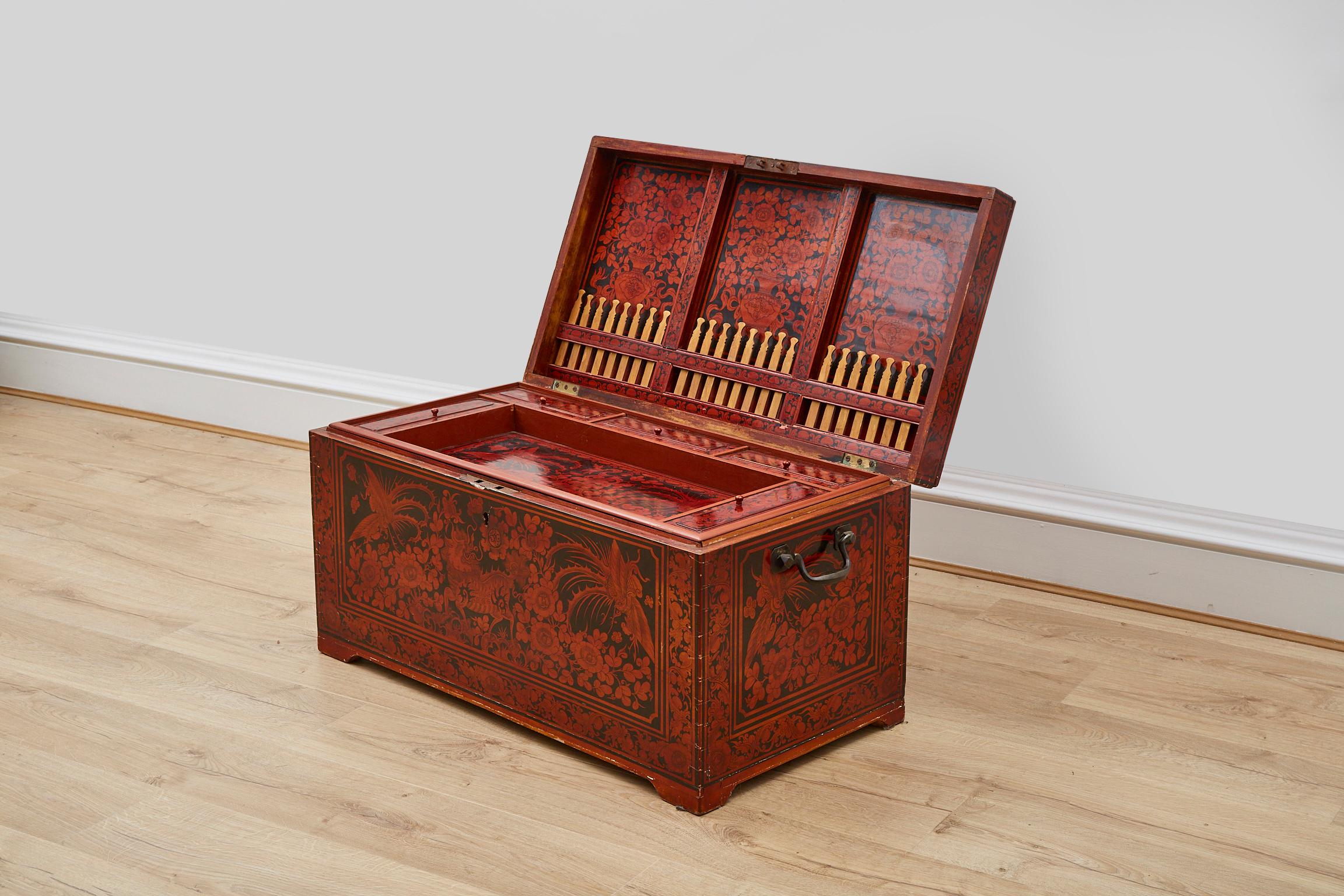 20th Century Red Lacquered Painted Chinese Trunk with Compartments and Counters Early 20th C.