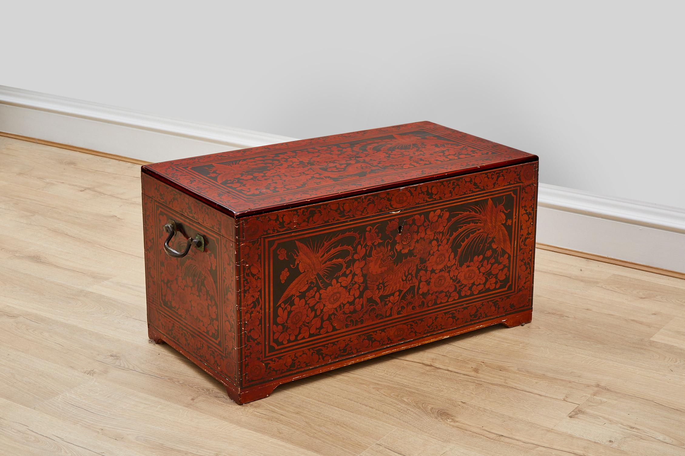 Mid-Century Modern Red Lacquered Painted Chinese Trunk with Compartments and Counters Early 20th C.
