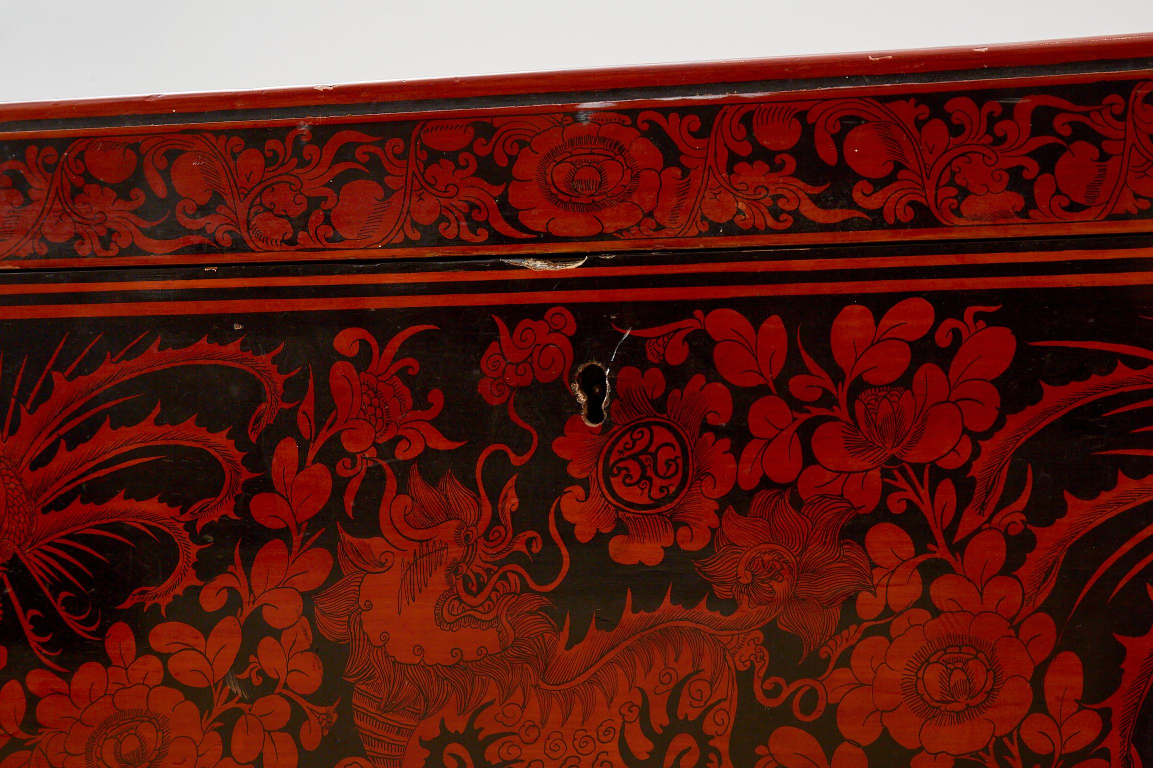 Wood Red Lacquered Painted Chinese Trunk with Compartments and Counters Early 20th C.