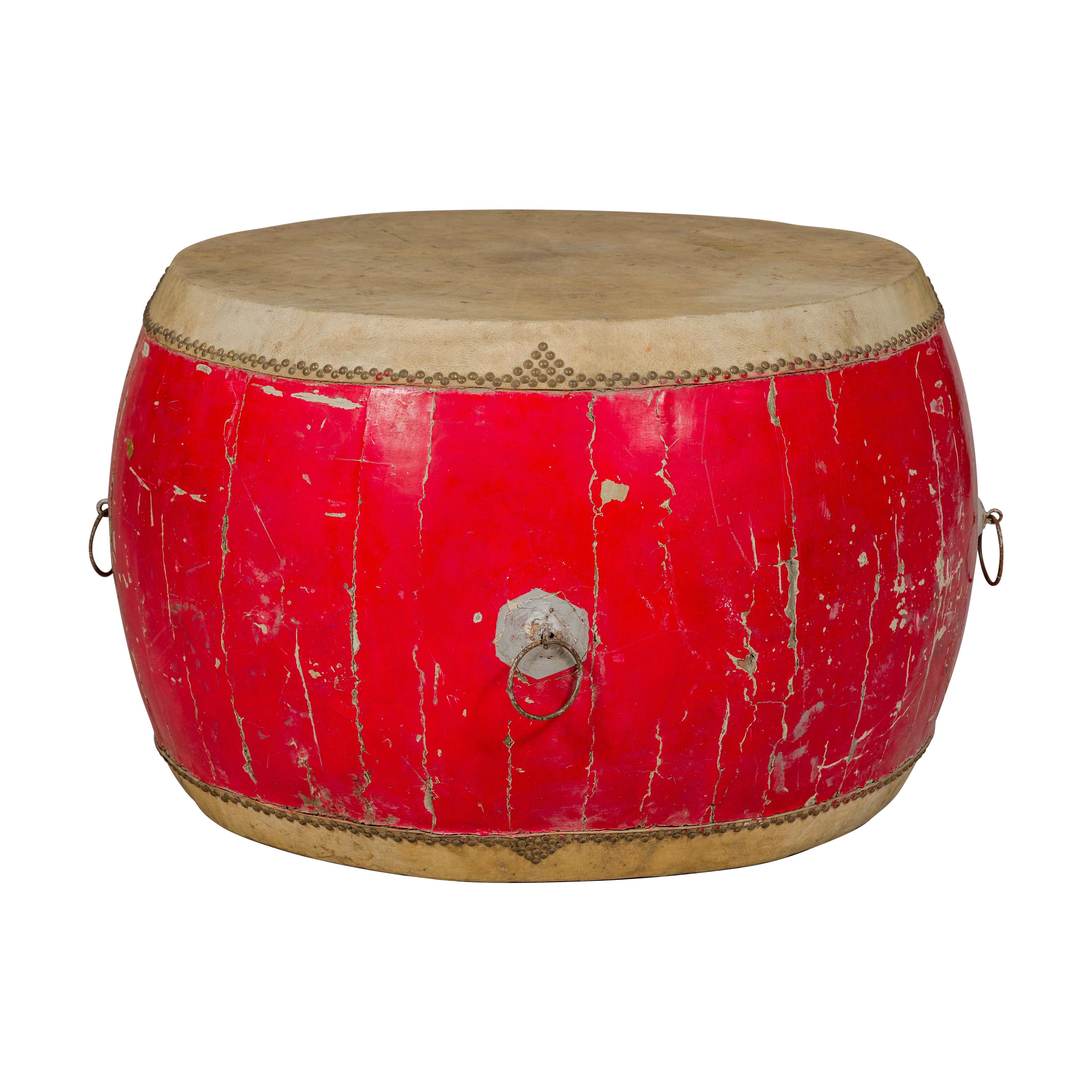 Red Lacquered Qing Dynasty Opera Drum End Table with Hide Top and Brass Studs For Sale 6