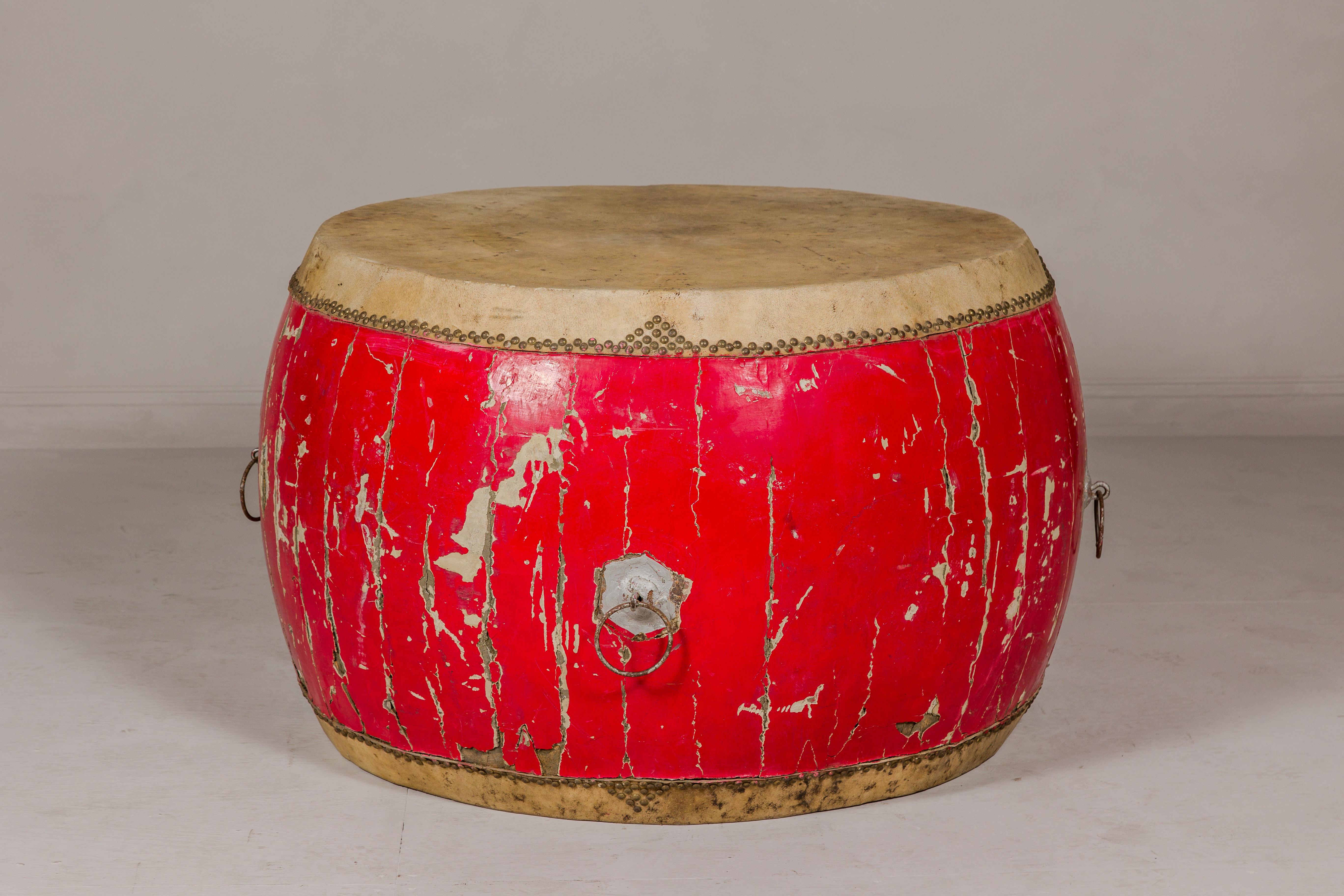 Chinese Red Lacquered Qing Dynasty Opera Drum End Table with Hide Top and Brass Studs For Sale