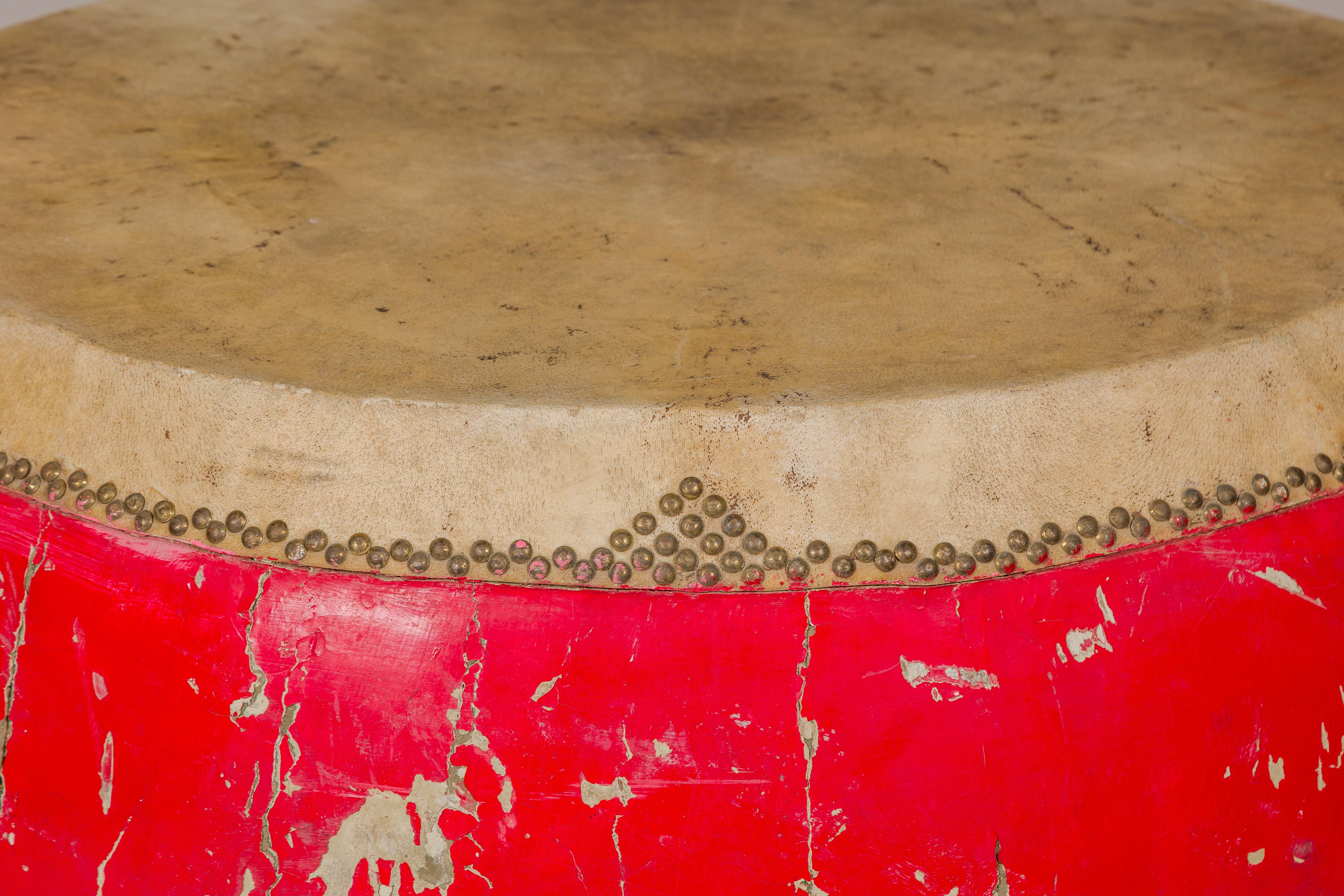 Red Lacquered Qing Dynasty Opera Drum End Table with Hide Top and Brass Studs In Good Condition For Sale In Yonkers, NY