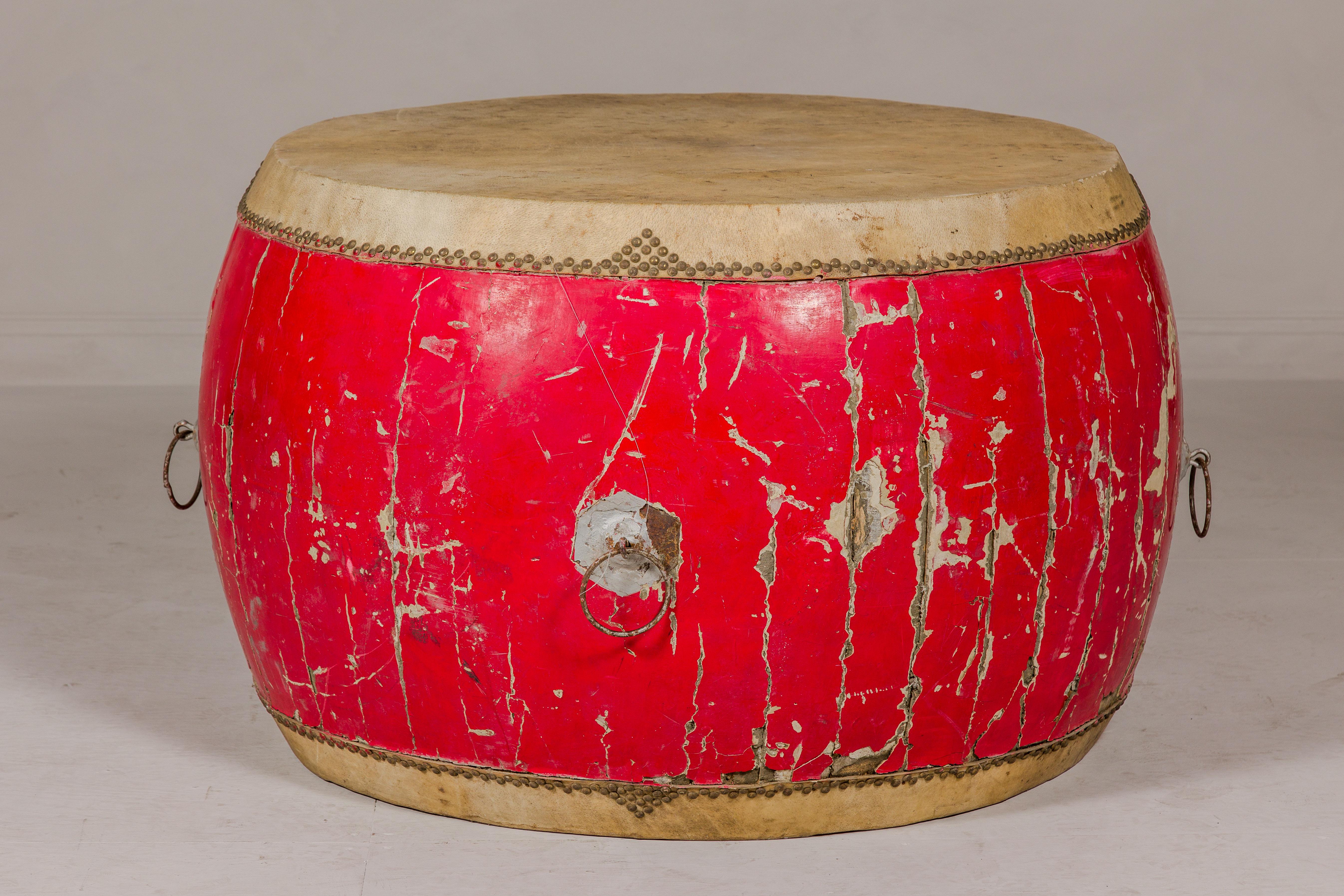 19th Century Red Lacquered Qing Dynasty Opera Drum End Table with Hide Top and Brass Studs For Sale