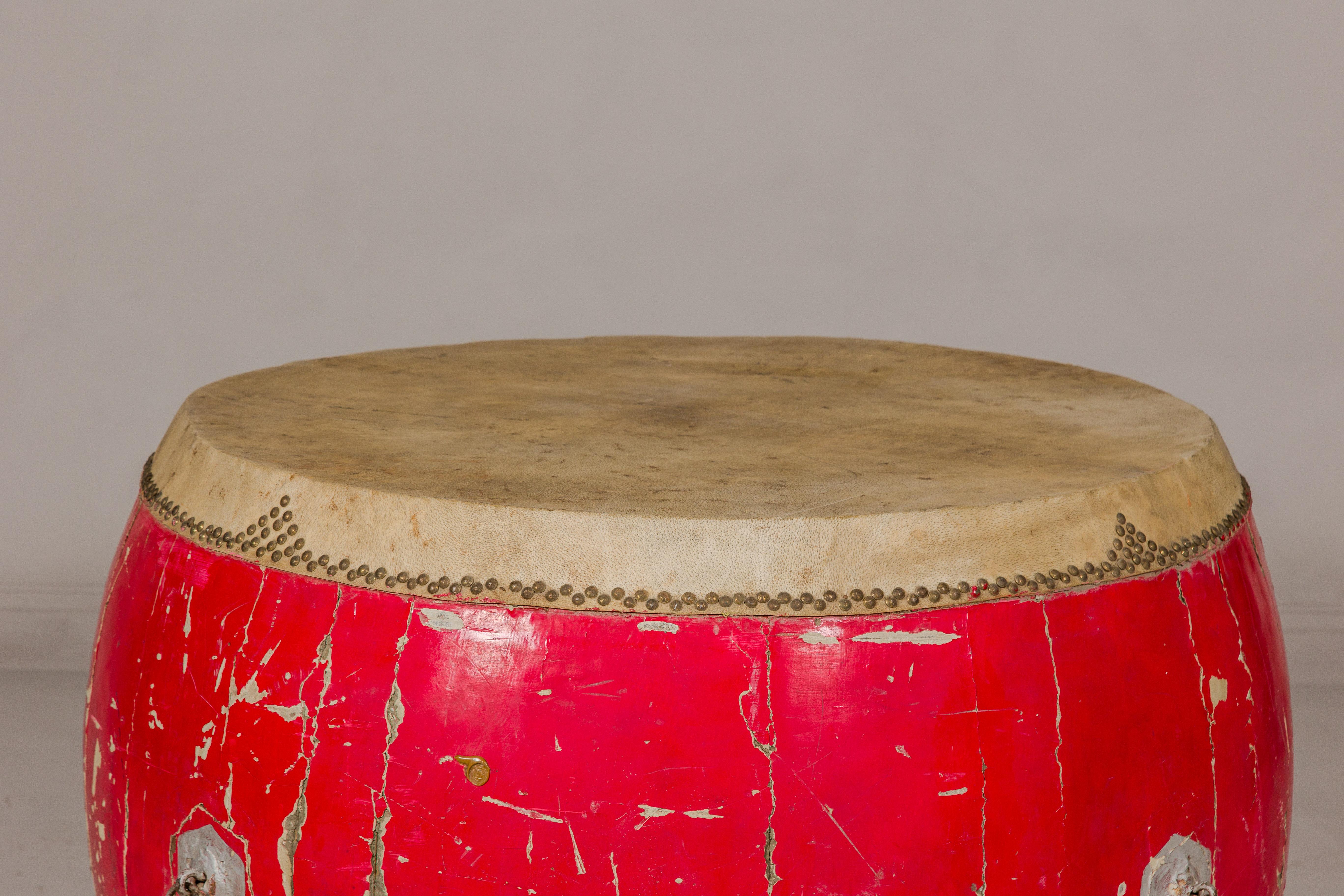 Red Lacquered Qing Dynasty Opera Drum End Table with Hide Top and Brass Studs For Sale 4