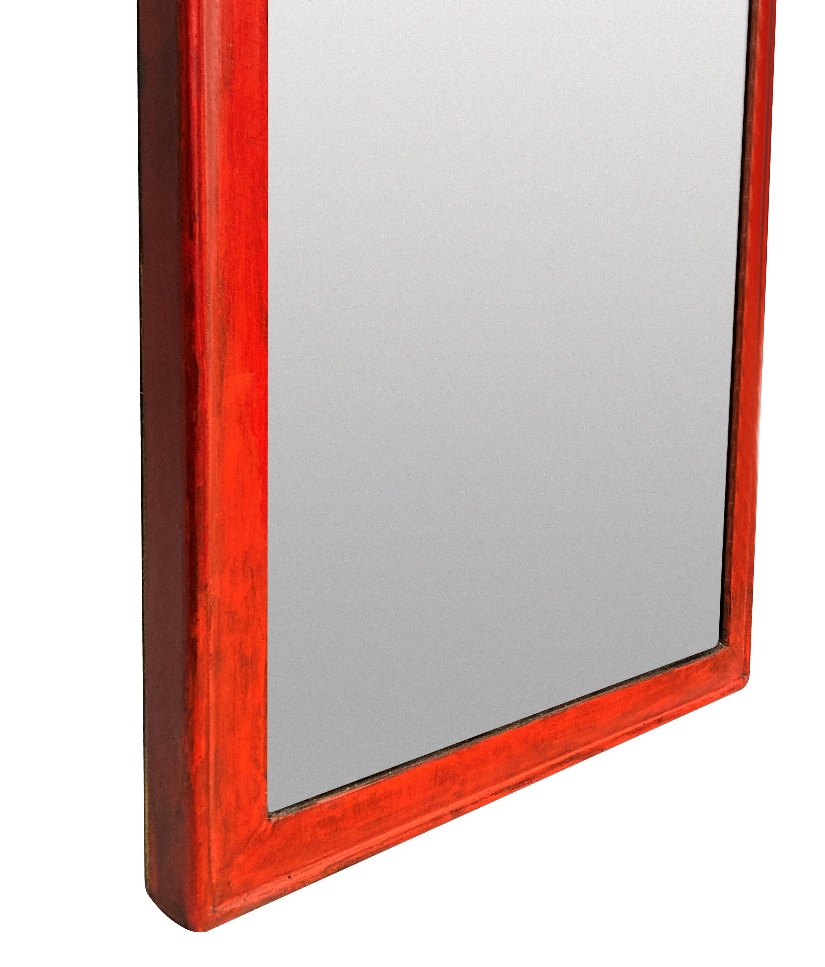 English Red Lacquered Queen Anne Style Mirror For Sale