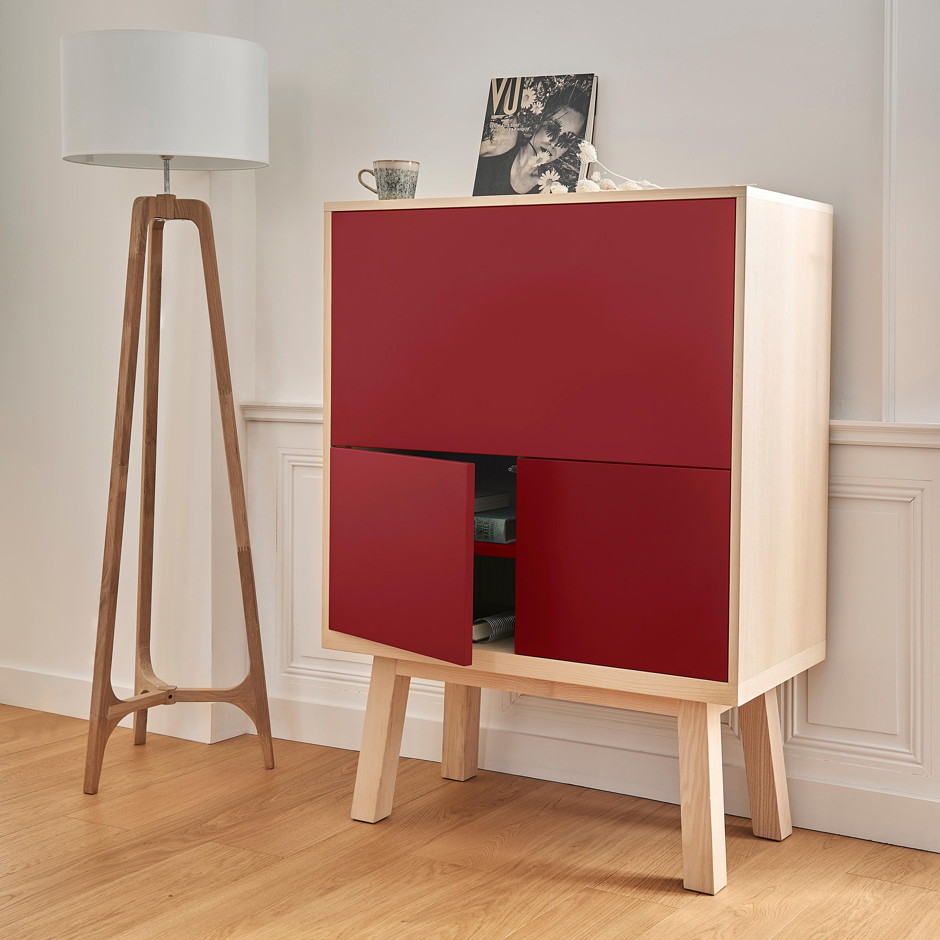 Scandinavian Modern Red lacquered Secretaire Desk, Design E.Gizard in Paris, 11 colours available For Sale