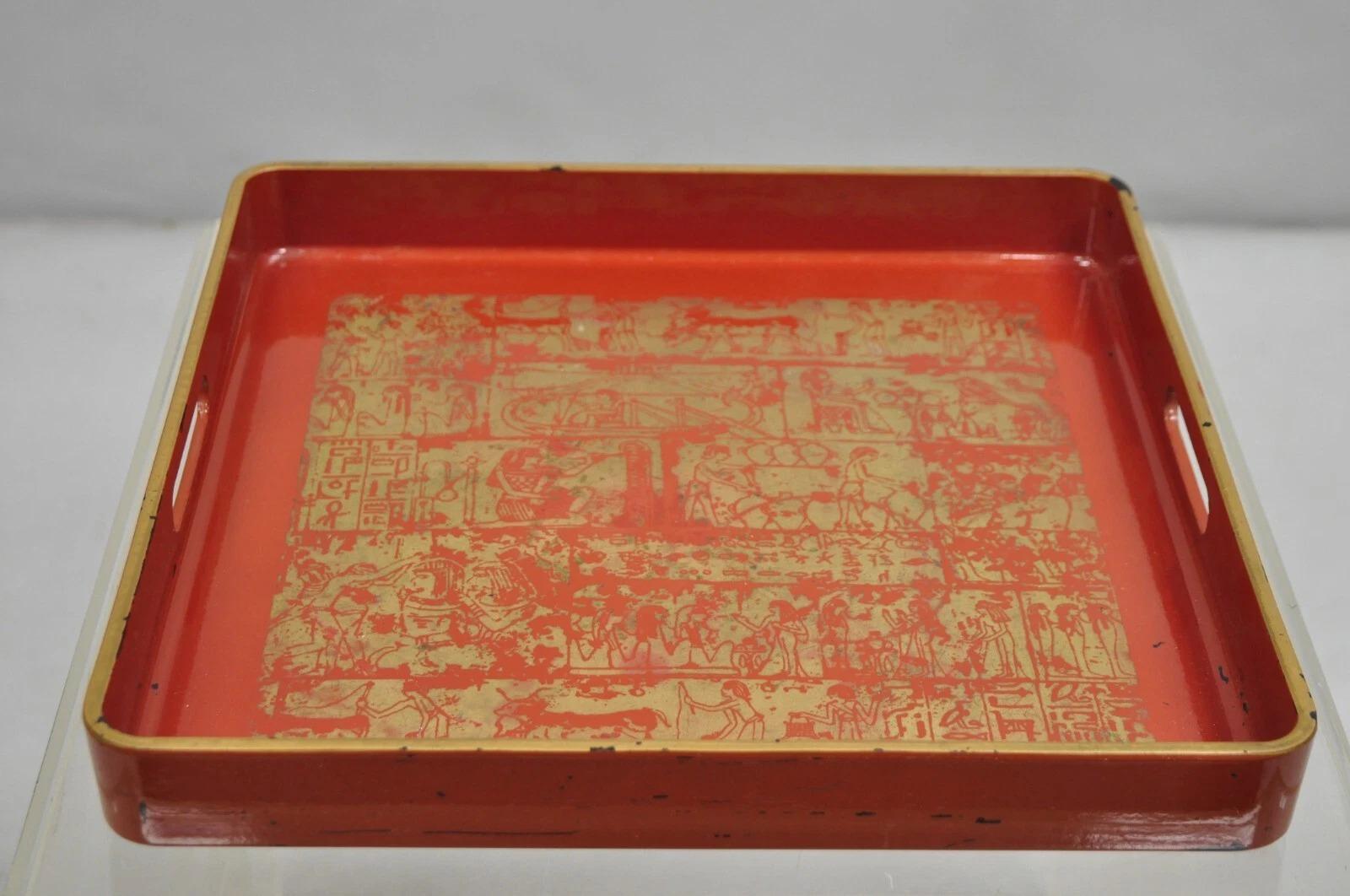 Red Lacquered Wood Ancient Egyptian Hieroglyphic Gold Papyrus Square Bar Tray For Sale 5