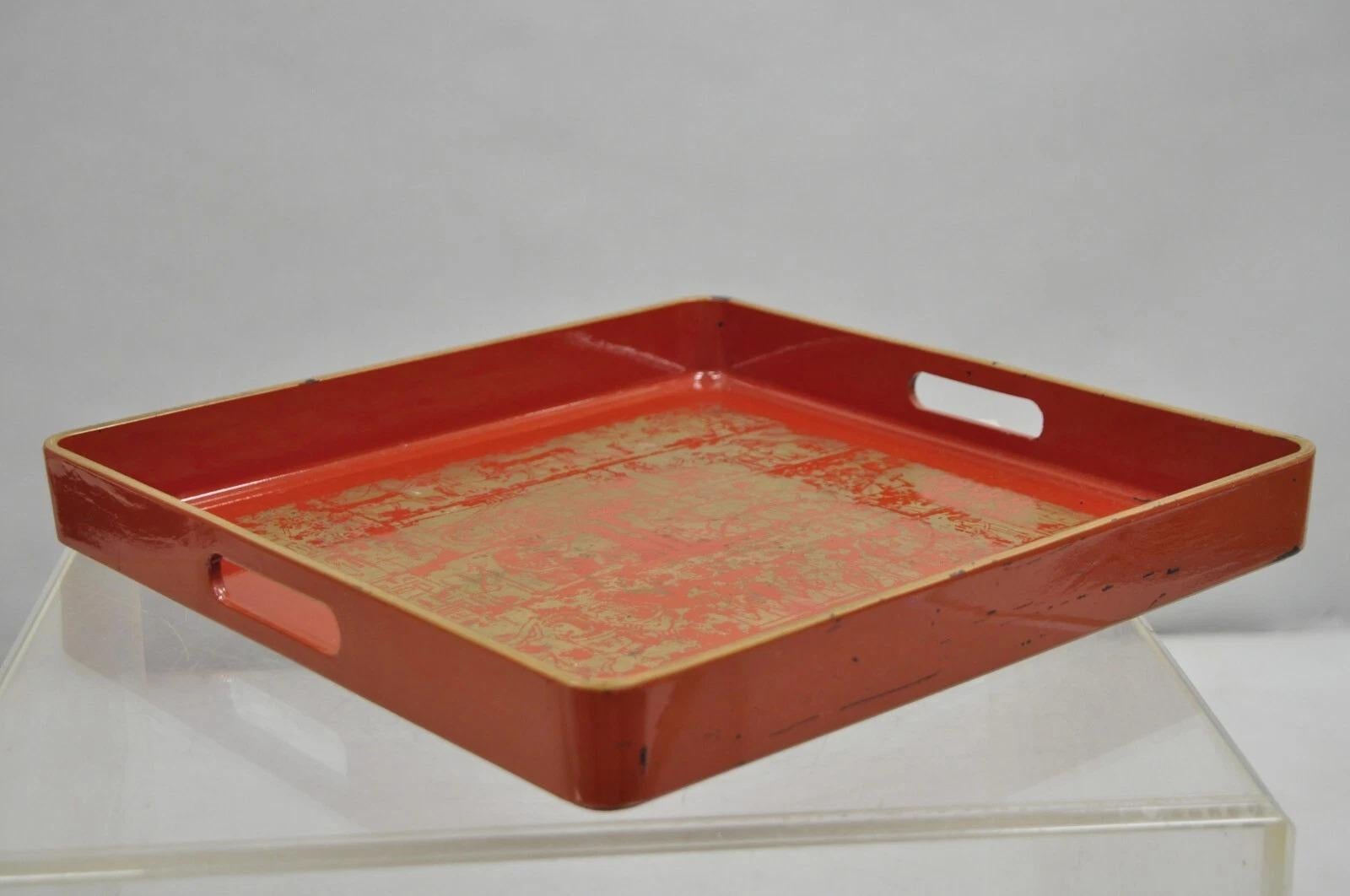 Red Lacquered Wood Ancient Egyptian Hieroglyphic Gold Papyrus Square Bar Tray For Sale 7