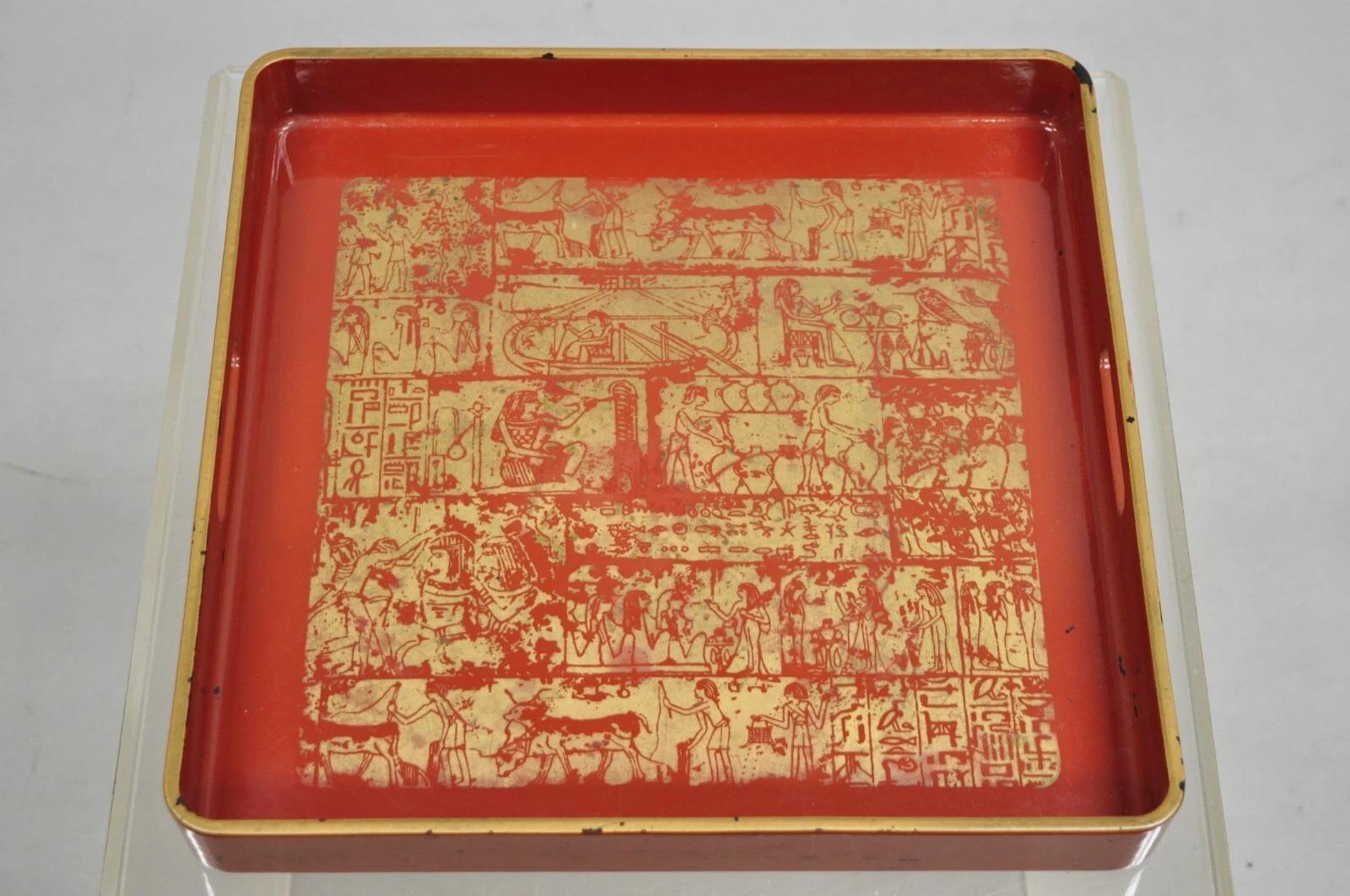 Decorator Red Lacquered Wood Ancient Egyptian Hieroglyphic Gold Papyrus Style Square Bar Tray with Handles. Circa Late 20th Century. Measurements: 1.5