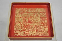 Red Lacquered Wood Ancient Egyptian Hieroglyphic Gold Papyrus Square Bar Tray