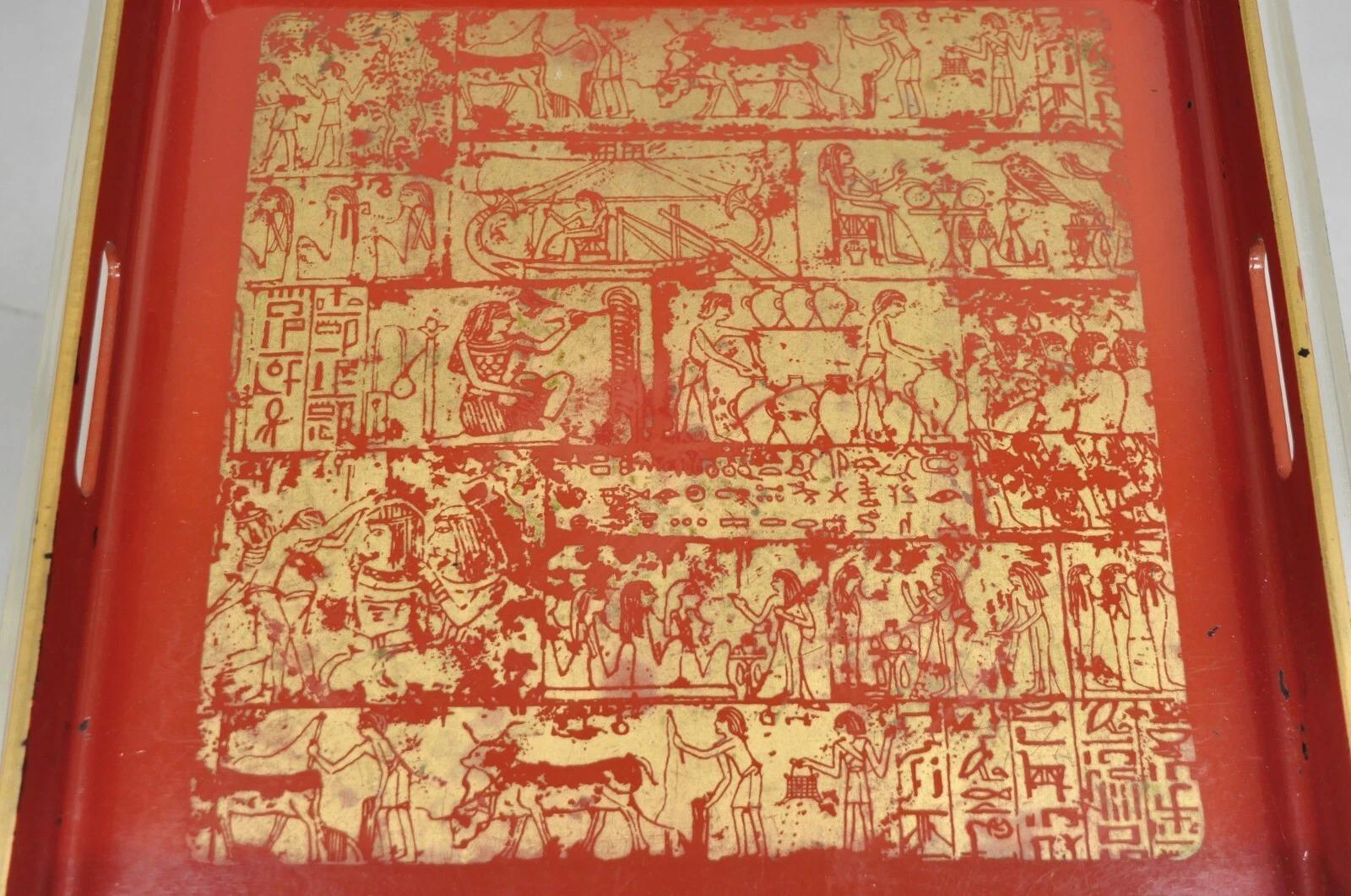 Unknown Red Lacquered Wood Ancient Egyptian Hieroglyphic Gold Papyrus Square Bar Tray For Sale