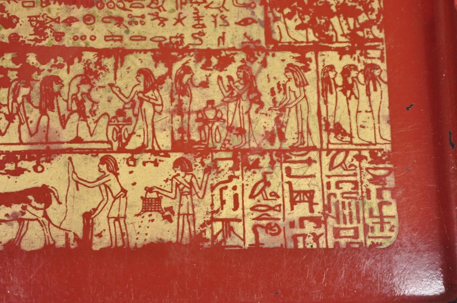 20th Century Red Lacquered Wood Ancient Egyptian Hieroglyphic Gold Papyrus Square Bar Tray For Sale