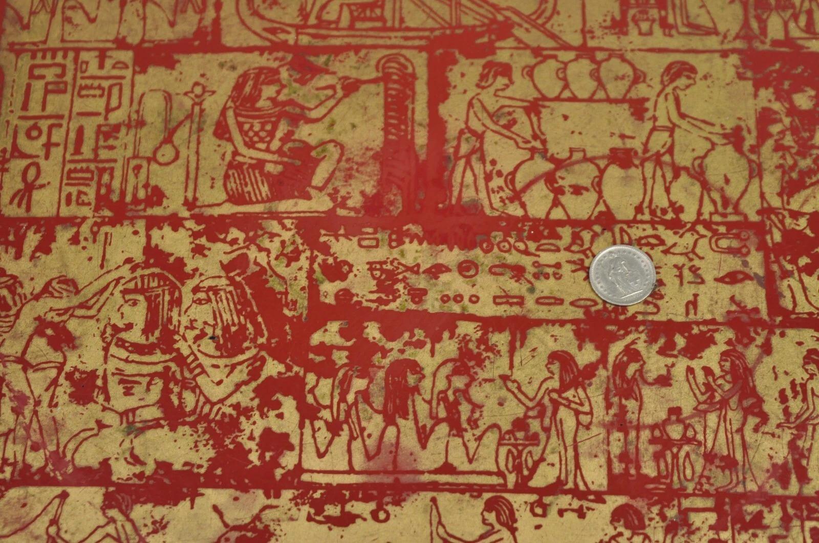 Red Lacquered Wood Ancient Egyptian Hieroglyphic Gold Papyrus Square Bar Tray For Sale 2