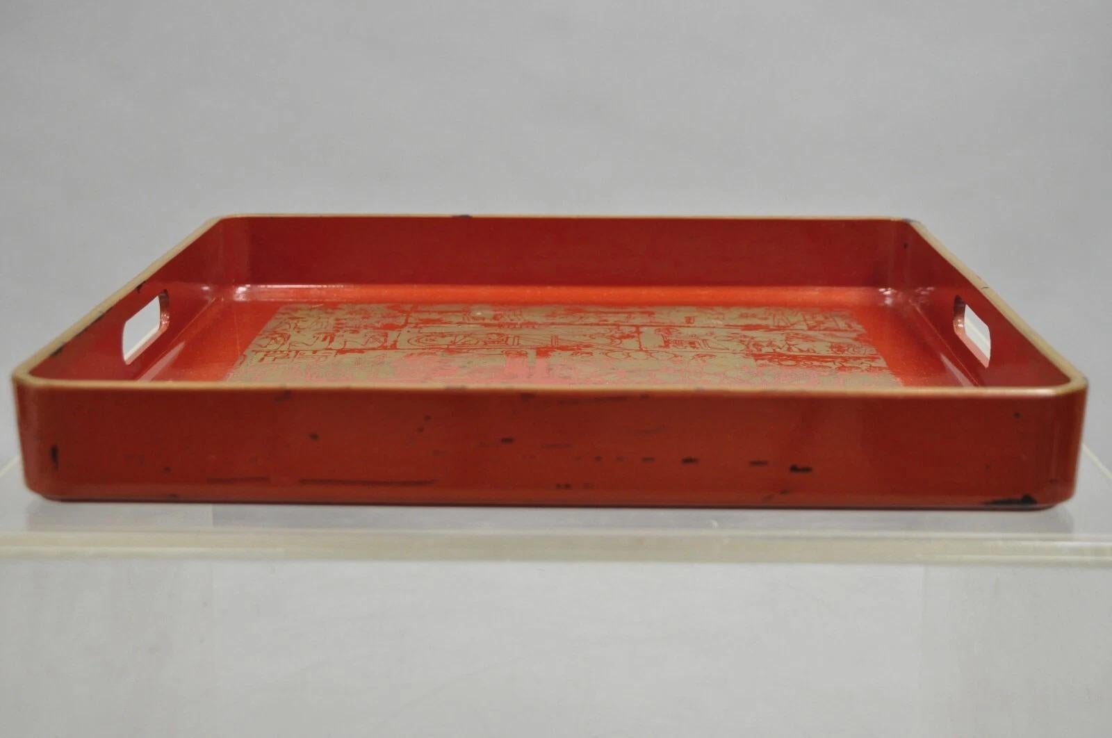 Red Lacquered Wood Ancient Egyptian Hieroglyphic Gold Papyrus Square Bar Tray For Sale 3
