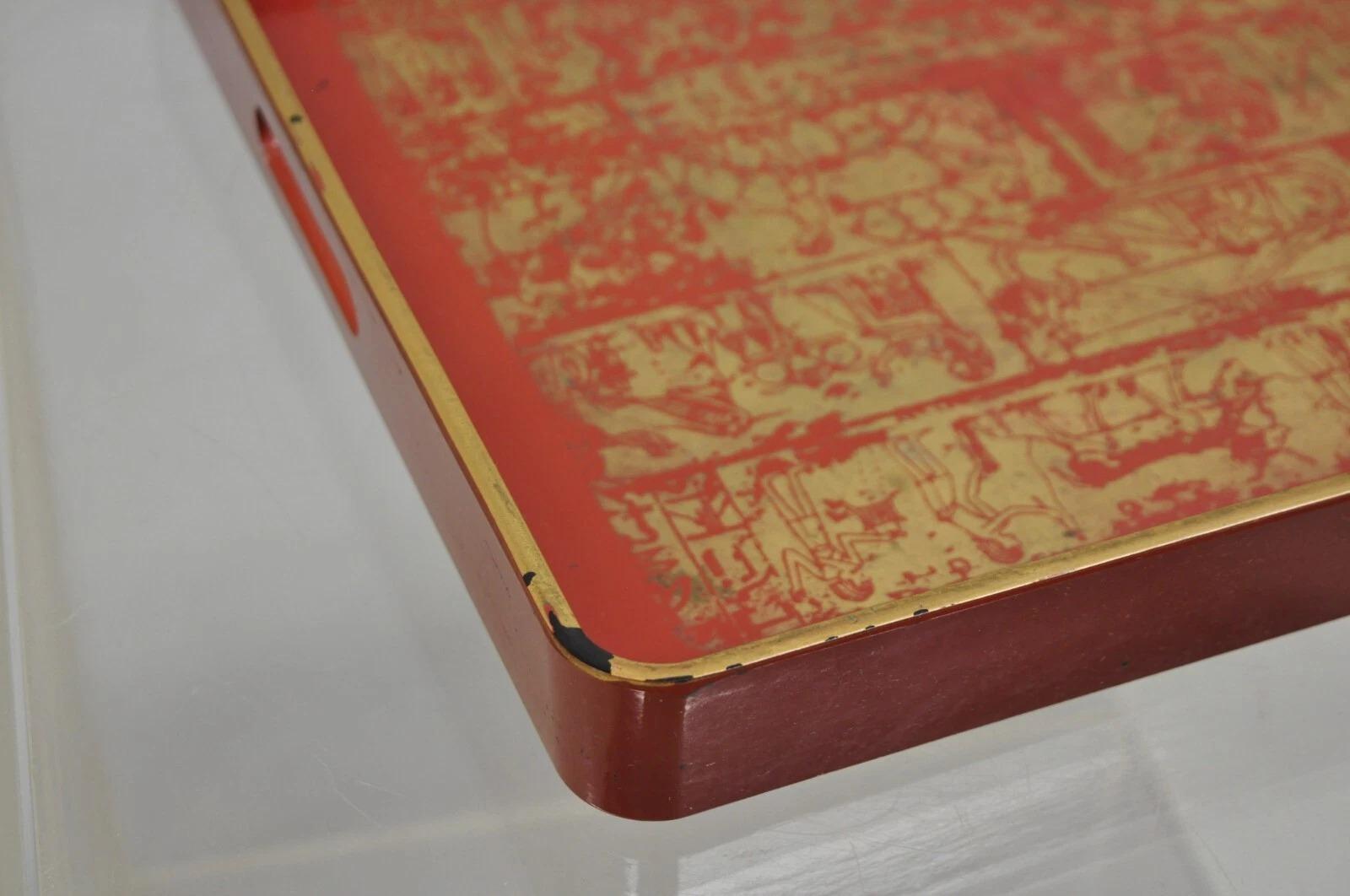 Red Lacquered Wood Ancient Egyptian Hieroglyphic Gold Papyrus Square Bar Tray For Sale 4