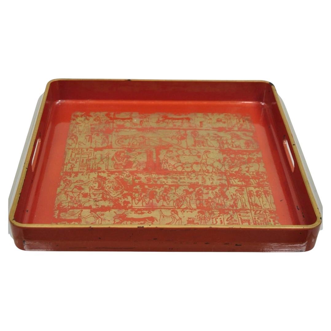 Red Lacquered Wood Ancient Egyptian Hieroglyphic Gold Papyrus Square Bar Tray