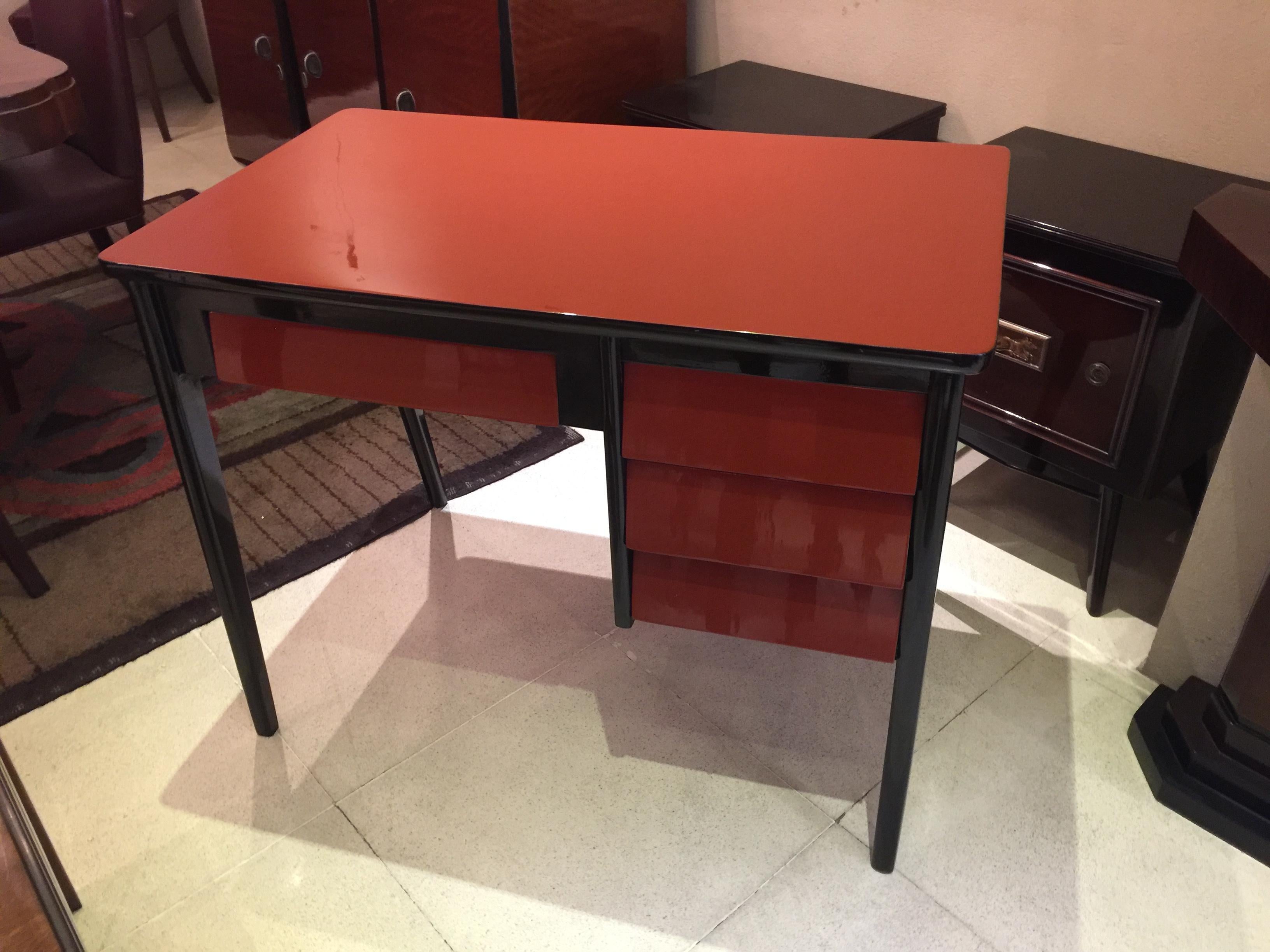 Space Age Red Lacquered Wood Desk from the 50s, Italian For Sale