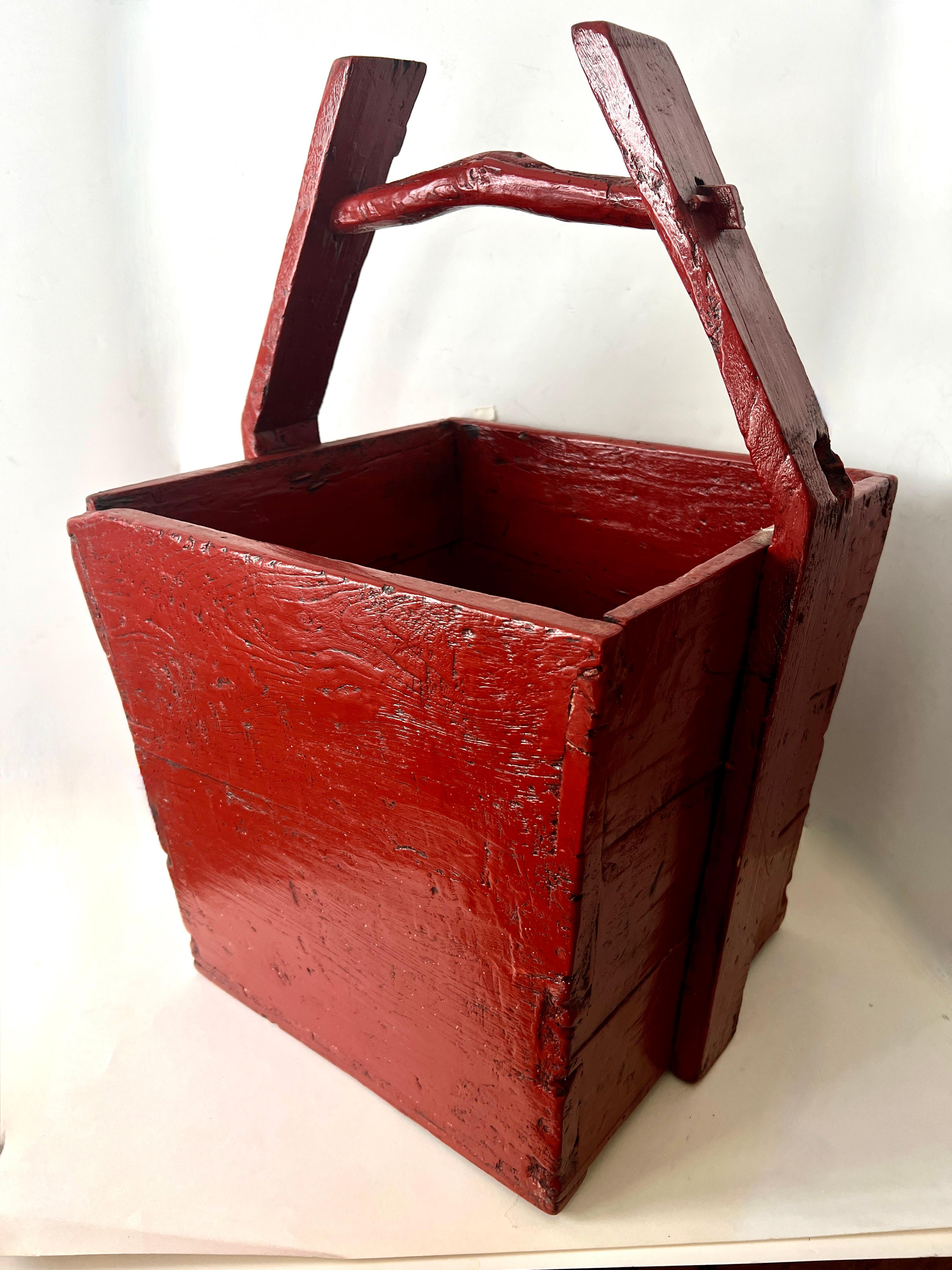 Hand-Crafted Red Lacquered Wooden Chinese Rice Container Planter or Jardiniere For Sale