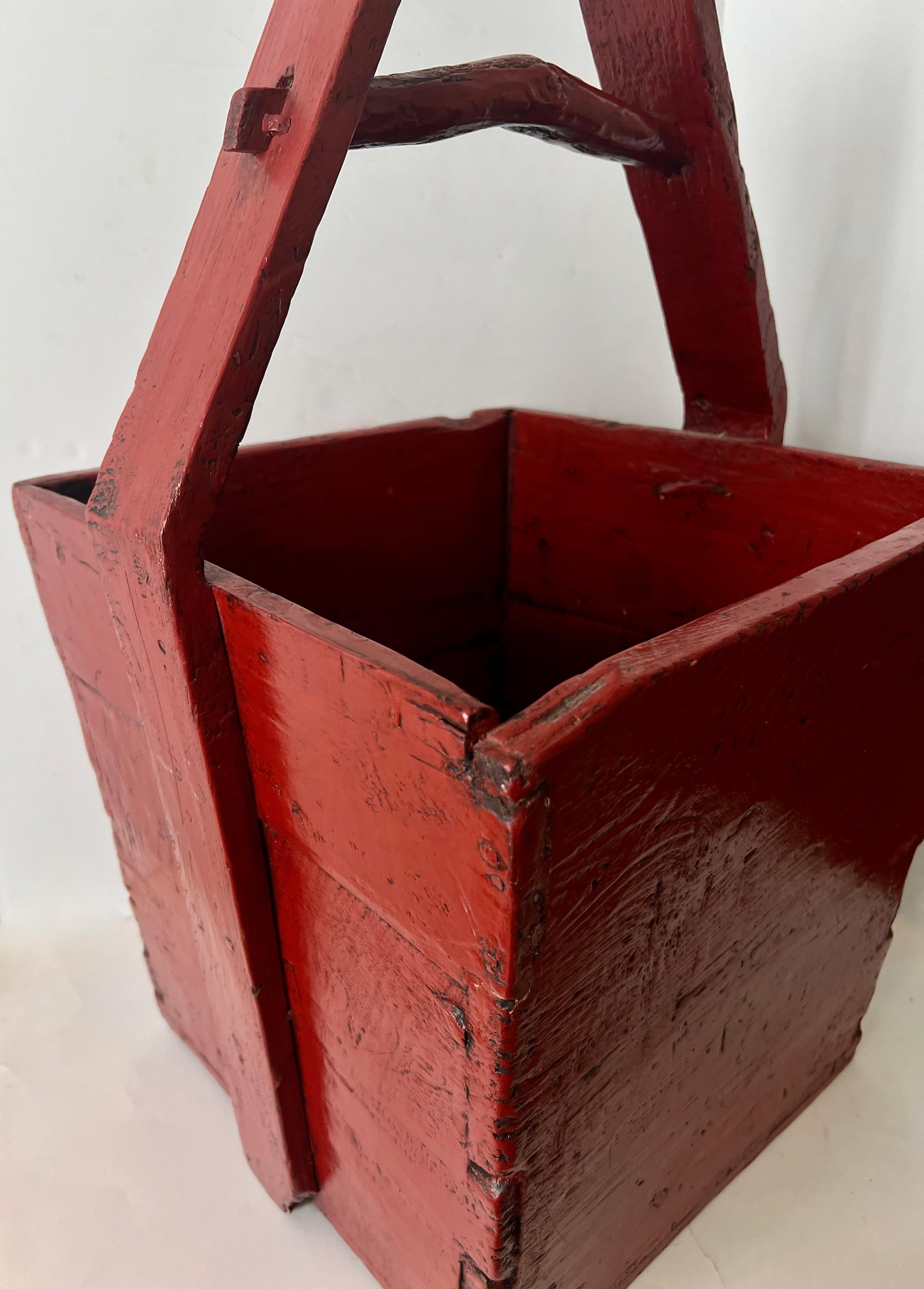 Red Lacquered Wooden Chinese Rice Container Planter or Jardiniere For Sale 2