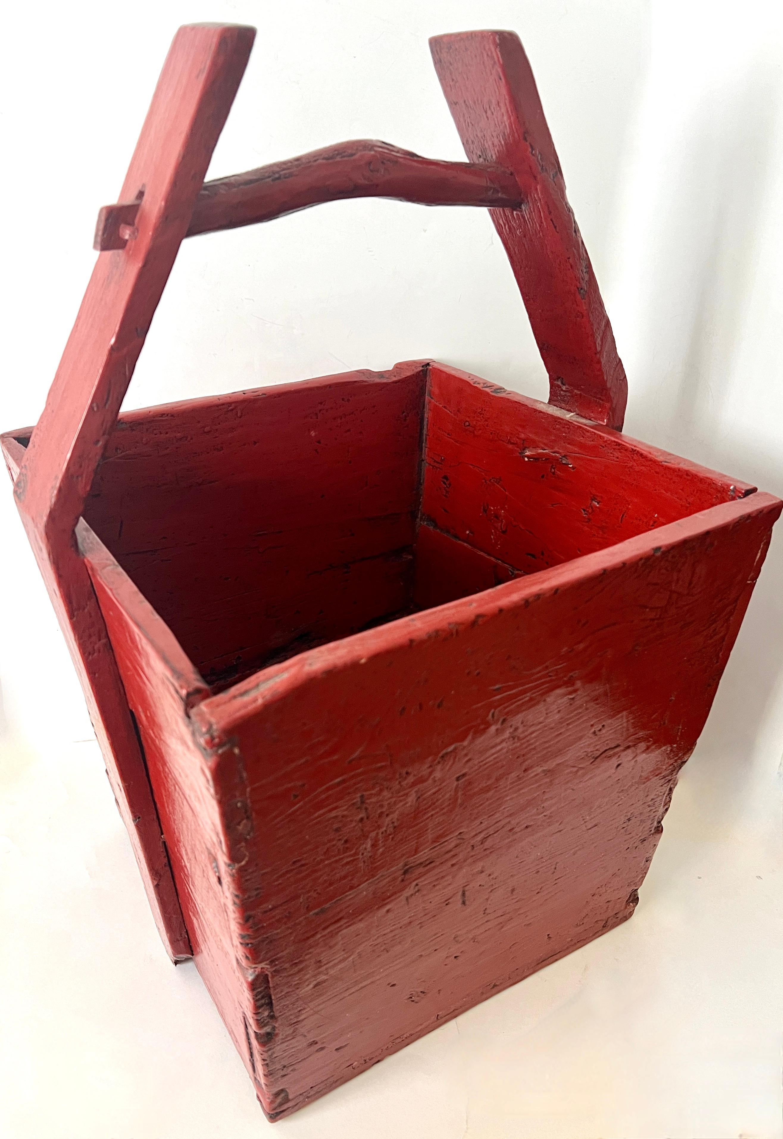 Red Lacquered Wooden Chinese Rice Container Planter or Jardiniere For Sale 3