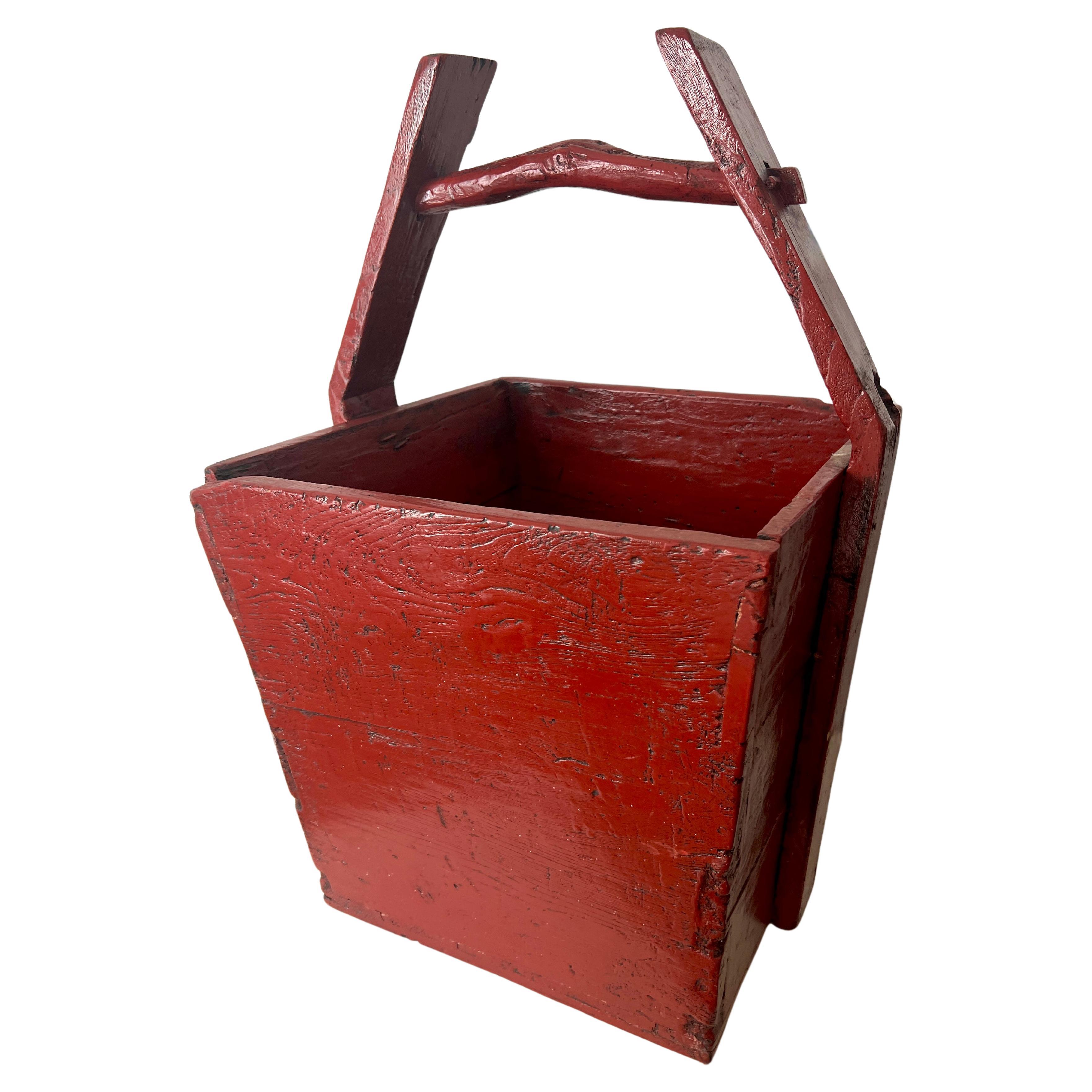 Red Lacquered Wooden Chinese Rice Container Planter or Jardiniere For Sale