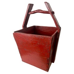 Vintage Red Lacquered Wooden Chinese Rice Container Planter or Jardiniere